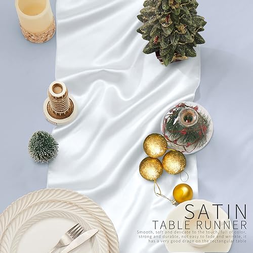 Miniatura 4 de Paquete de 12 caminos de mesa de satén blanco, camino de mesa sedoso de 13 x 72 pulgadas, decoración de camino de mesa de lujo para cumpleaños,
