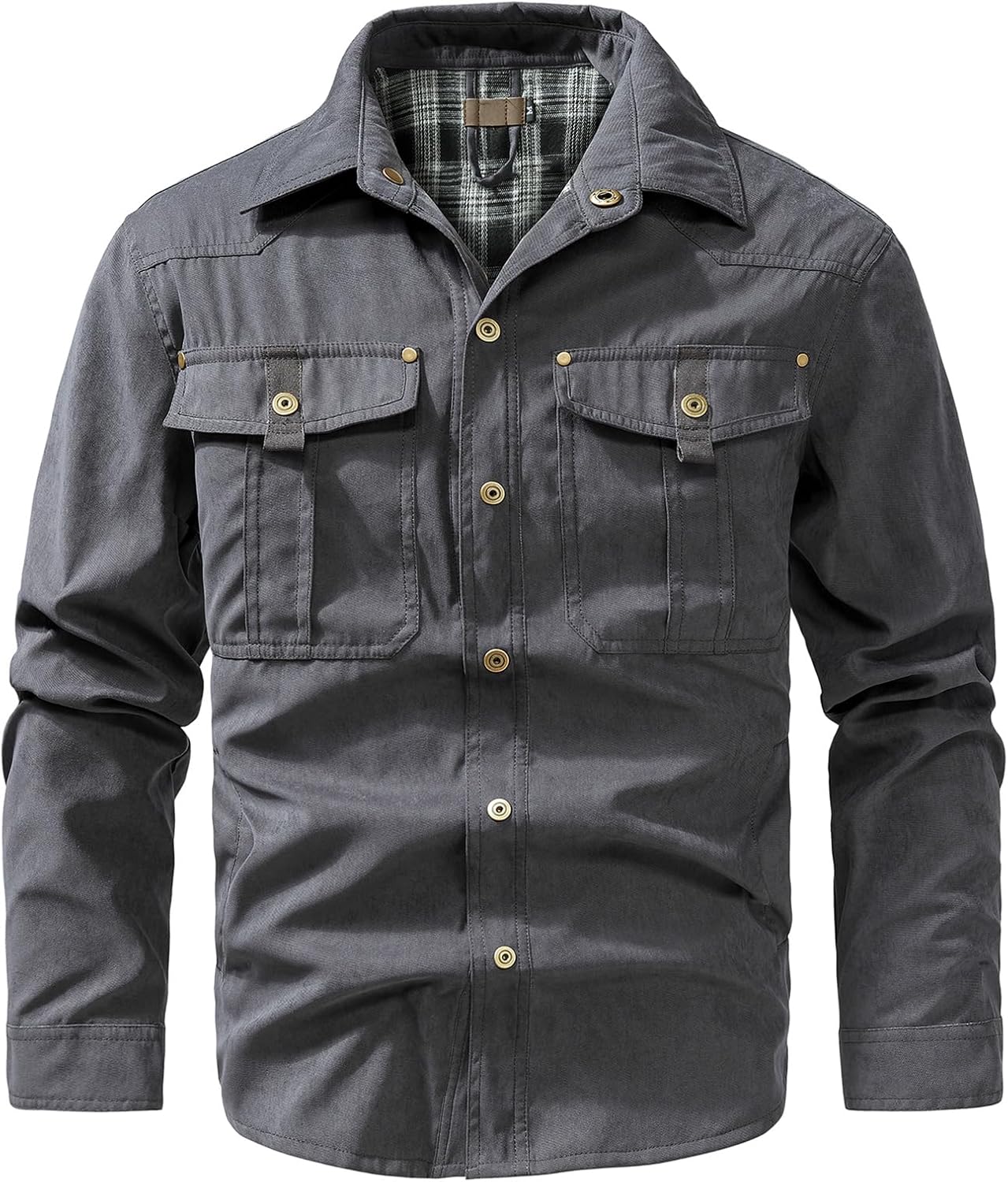 HOUZONIY Men's Lightweight Flannel Jackets Shirt Lined Button Snap Shirts Long Sleeve Fall Outdoor Jacket with Pockets