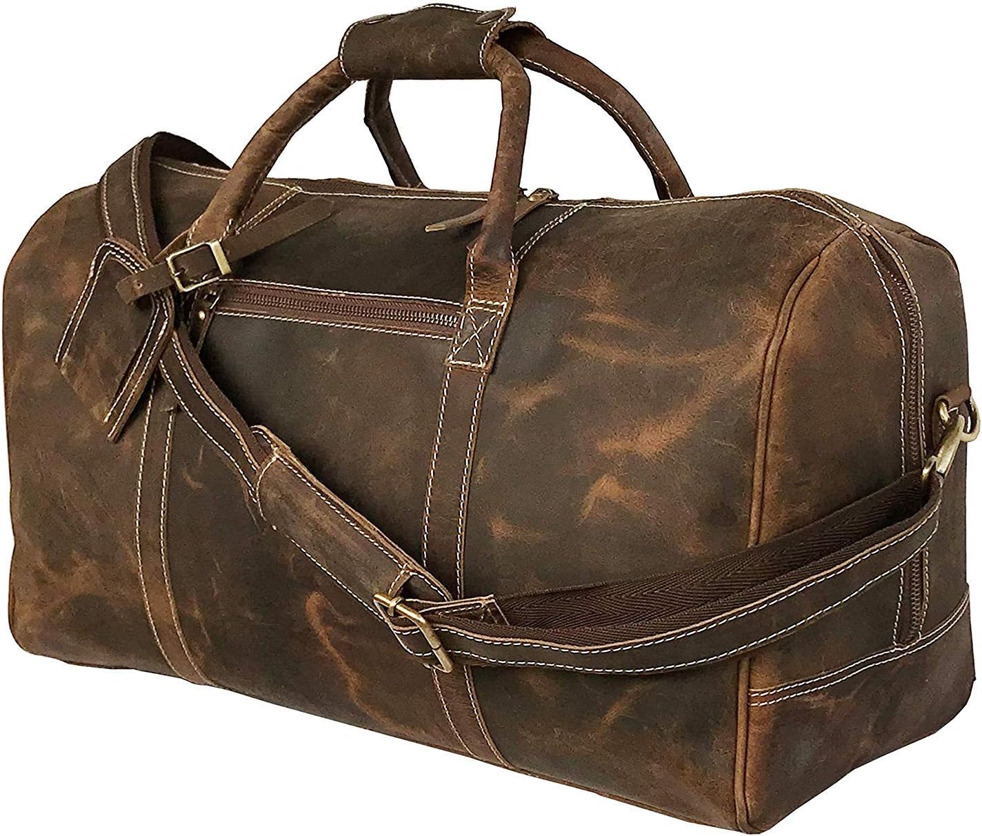 - Full Grain Leather Duffle Bag for Men, Buffalo Overnight Weekend Travel Bag, Carry On with Organized Pockets, YKK Zippers, Adjustable Strap (Cedar Brown)