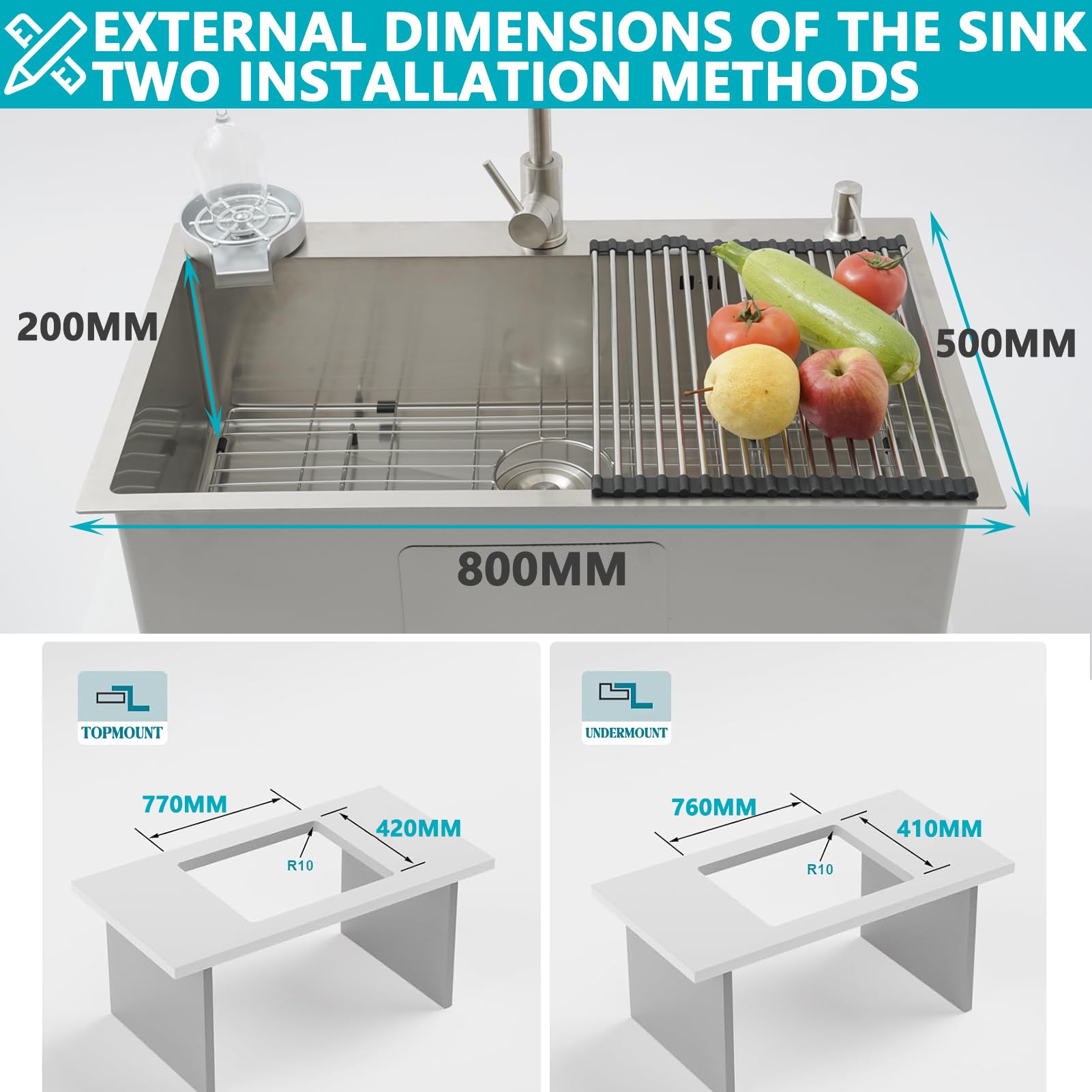 Fregadero de Cocina Profesional 80x50 de Acero Inoxidable Cepillado, Seno Único para Encimera o Empotrable, con Grifo, Escurridor, Estante, Dispensador de Jabón y Sifón - Moderno y Grande