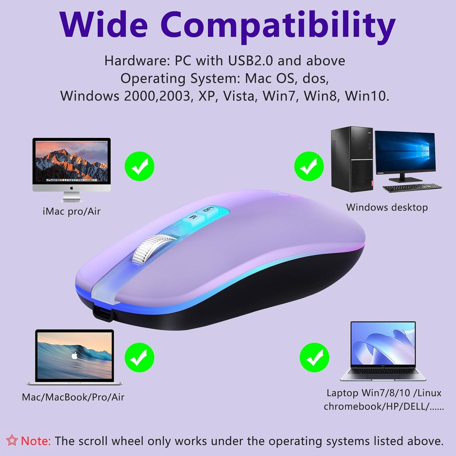 KARFUN Wireless Mouse, Backlit LED Portable Slim Computer Mouses for Laptop, PC, Computer, MacBook, iPad, Chromebook, Notebook, 2.4G Rechargeable Wireless Mouse (Light Purple)