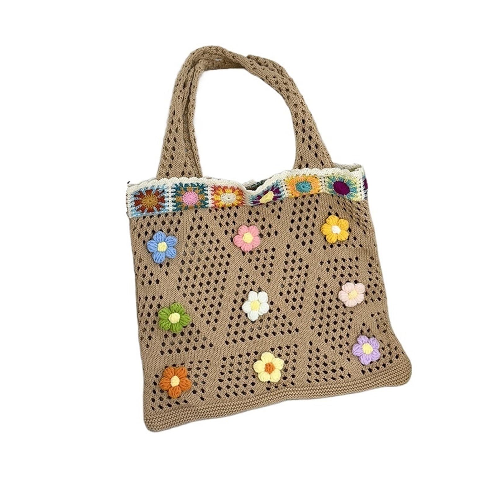 Bolso con Flores de Punto Bolso de hombro tejido estilo étnico gran capacidad, bohemio, crochet, informal, con estampado floral