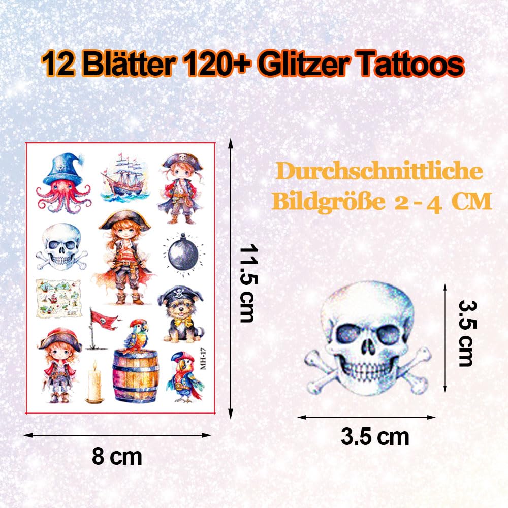 Pirate Glitter Tattoo for Kids 12 Sheets Temporary Tattoos for Kids Pirates Gifts for Girls Boys Pirate Party Decorations - Image 3