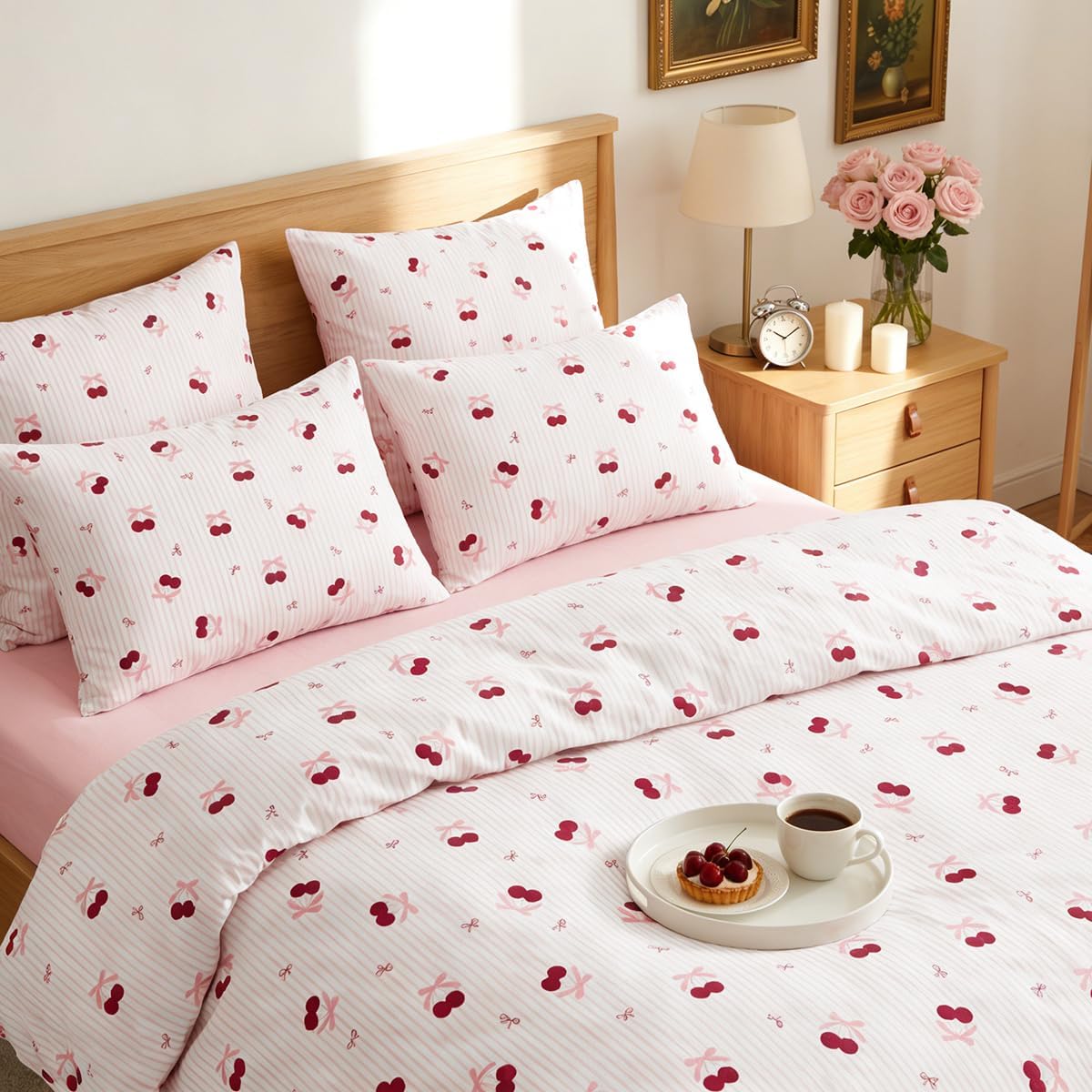 Comforter Set Full Pink Striped Bedding Set for Girls Kids, Cute Red Cherry Bow Stripes Design, Coquette Pink Comforter with 2 Pillowcases, 3 Pieces