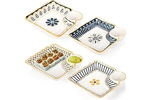 4 Pack Dumpling Plate with Dipping Saucer, 7.5" Ceramic Japanese Sushi Platter