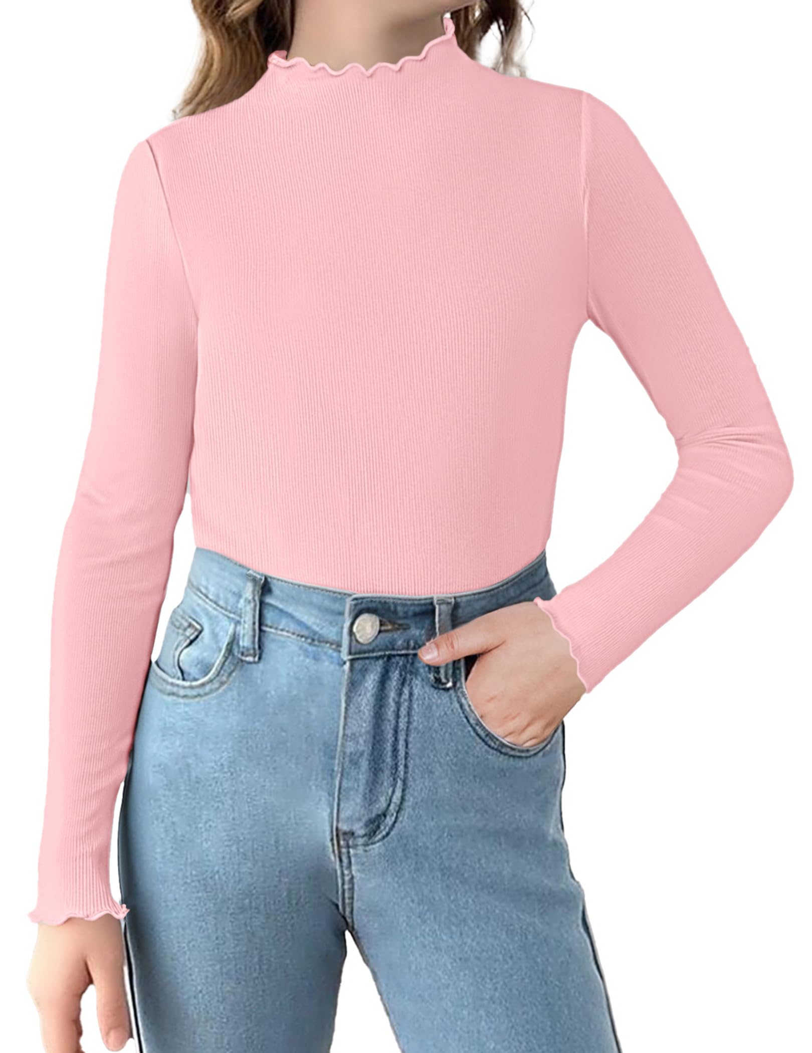 Arshiner Dziewczęca koszulka z długim rękawem, golf, falbanki, jednokolorowa, dziecięca koszulka basic, slim fit, podkoszulek 5-12 lat
