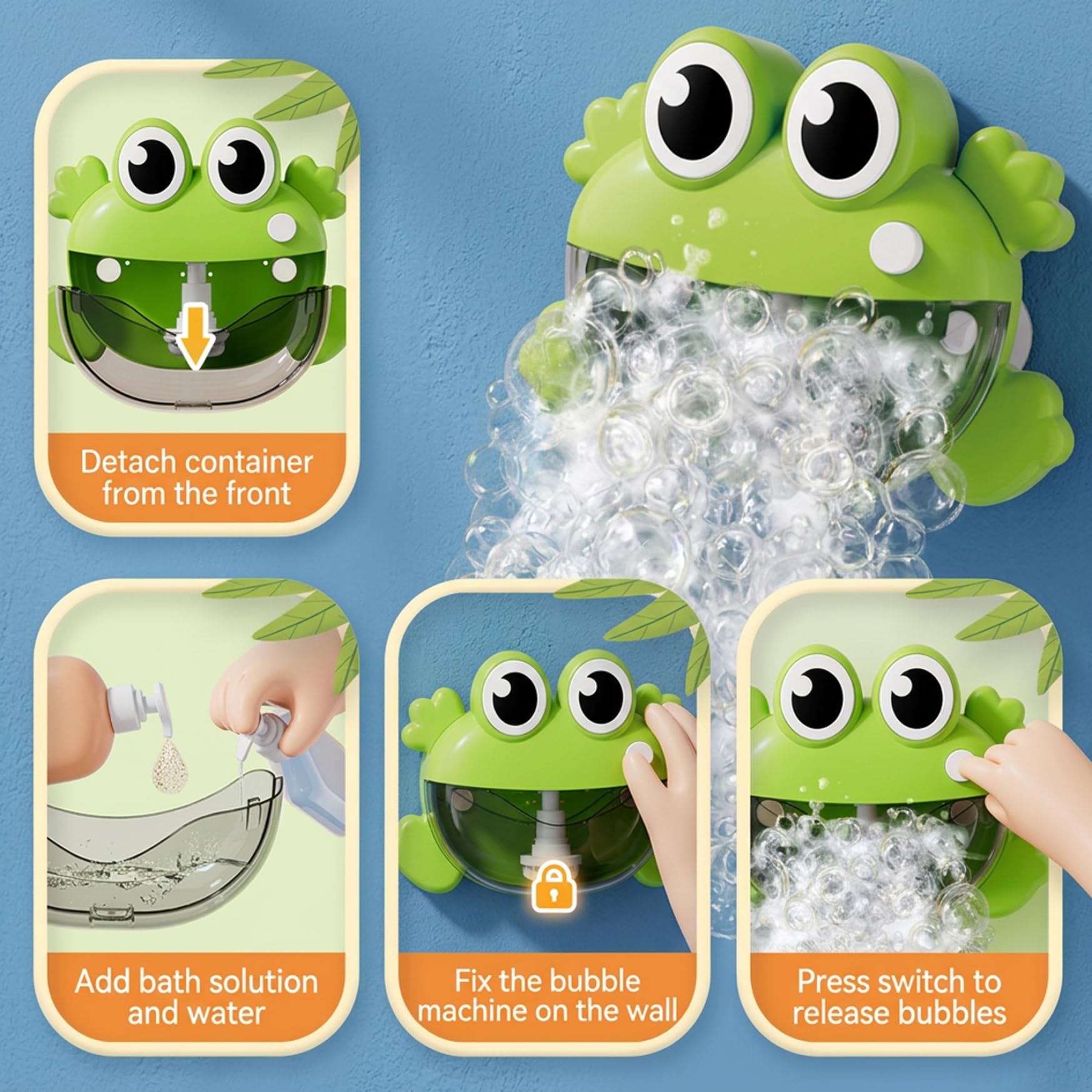 Bath Bubble Machine - One-Button Frog Bath Toy with Suction Cup, Fun Bathtub Toy for Toddlers & Kids, Green — view 4