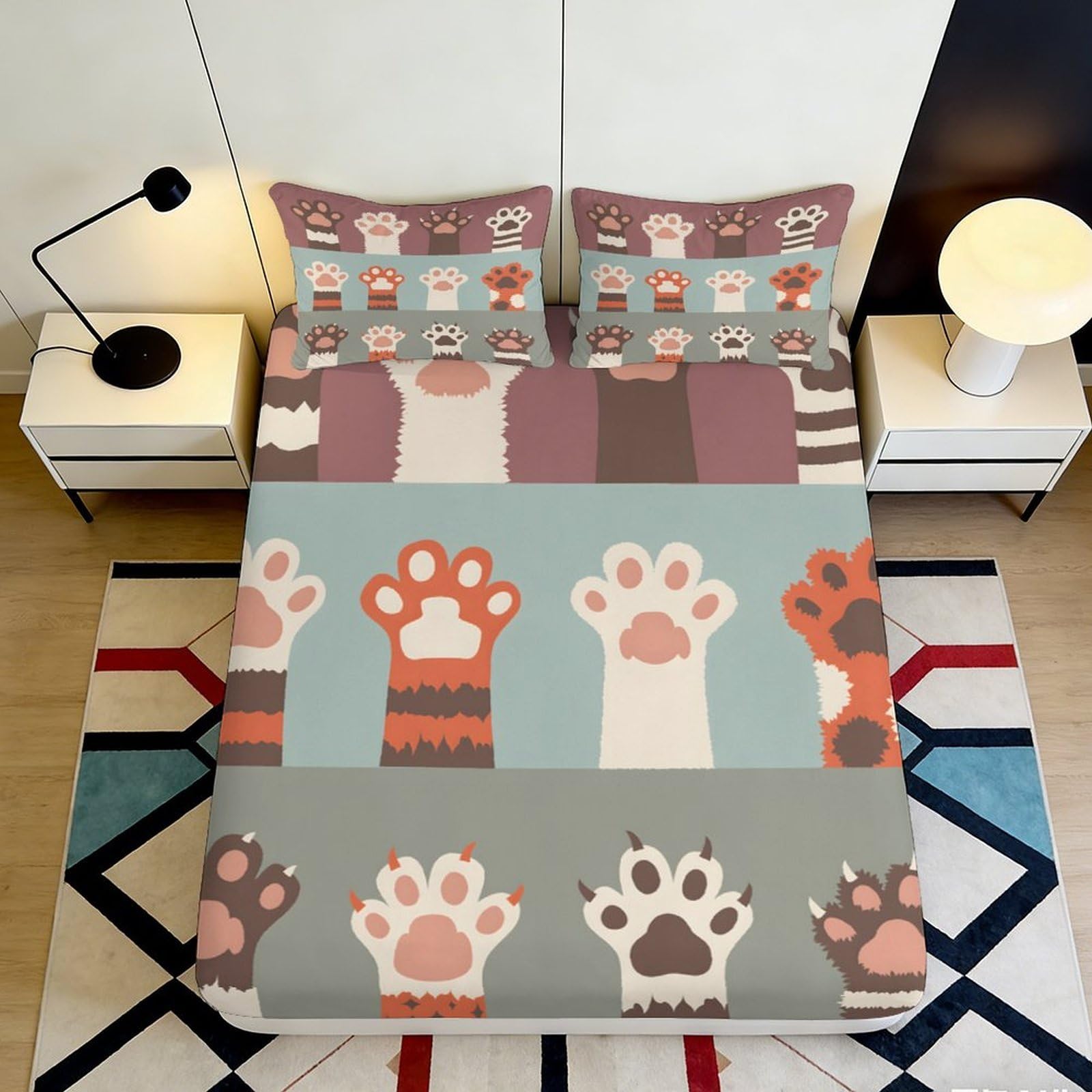 3D Printed Cat Paw Pattern Fitted Sheet Microfiber Soft Durable Cartoon Animal Bed Cover for Bedroom Dormitory Guest Room Mattress Protection 120x200x25cm