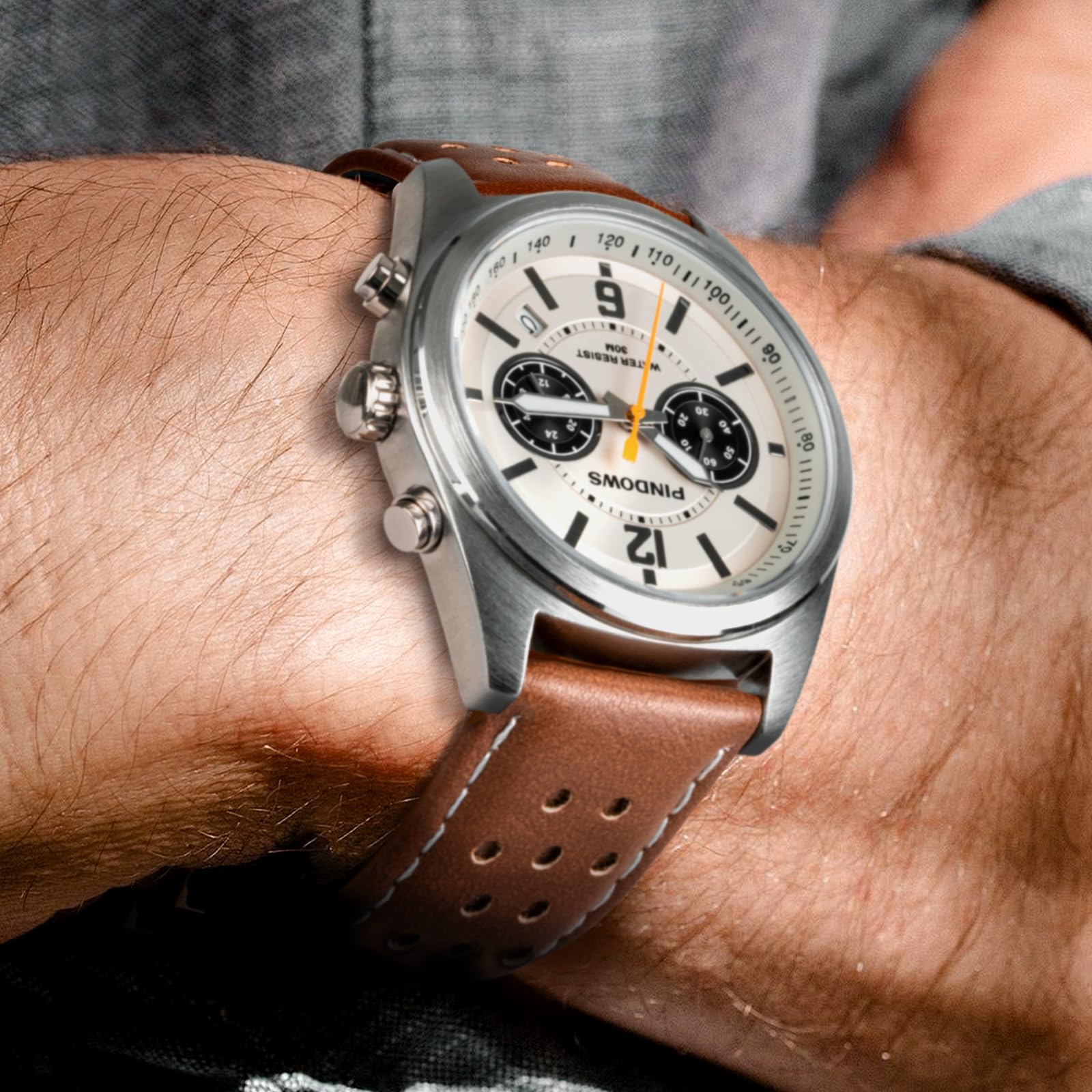 PINDOWS Orologio da polso da uomo, in pelle nero-marrone, cronografo, orologi al quarzo alla moda