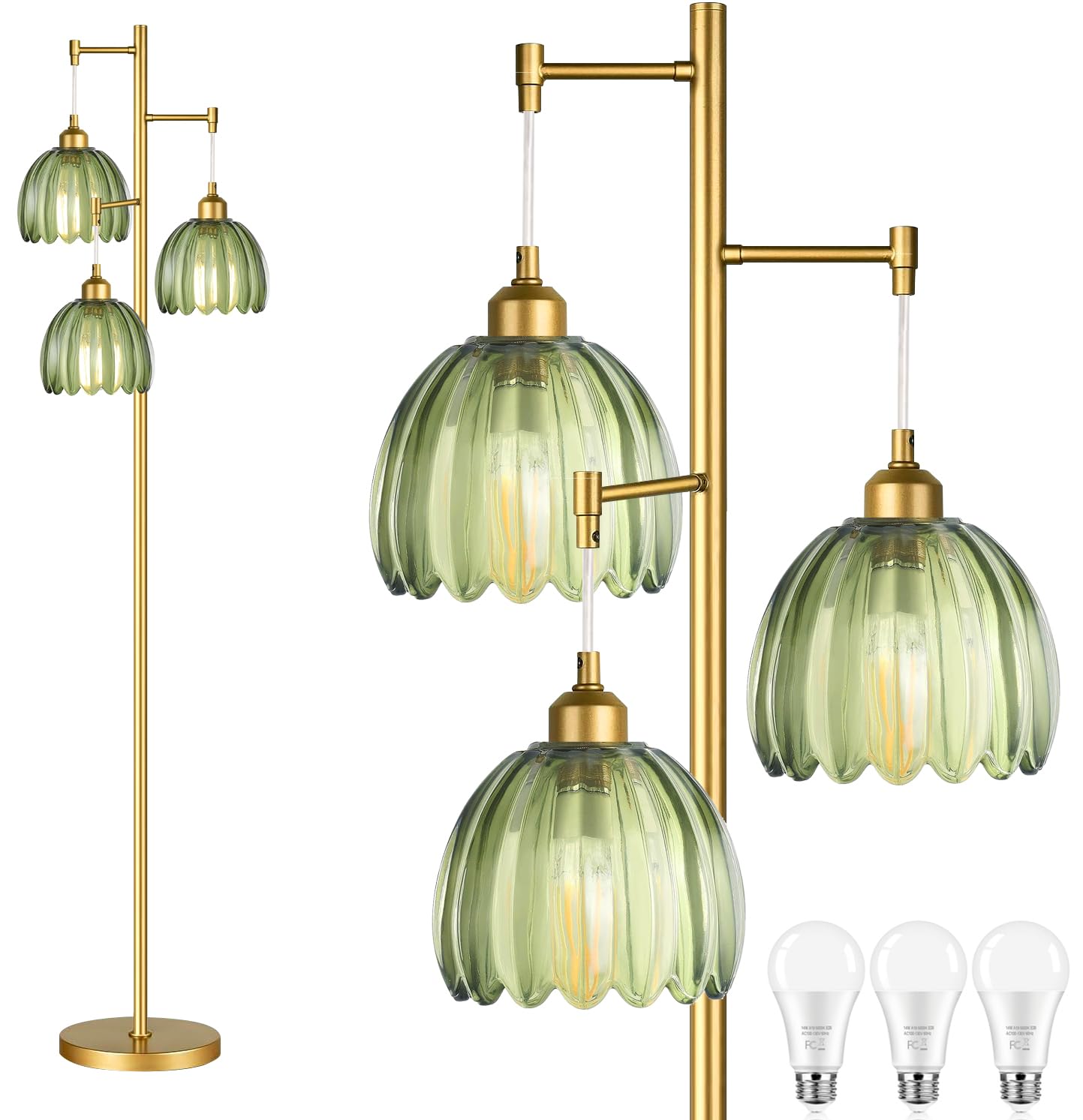 AHDWDW Gold Floor Lamp for Living Room Bedroom,Modern Tree Floor Lamps with Green Glass Shades,68IN Tall Standing Lamp with Bulbs,3 Lights Mid Century Vintage Floor Lamp for Corner Office Reading
