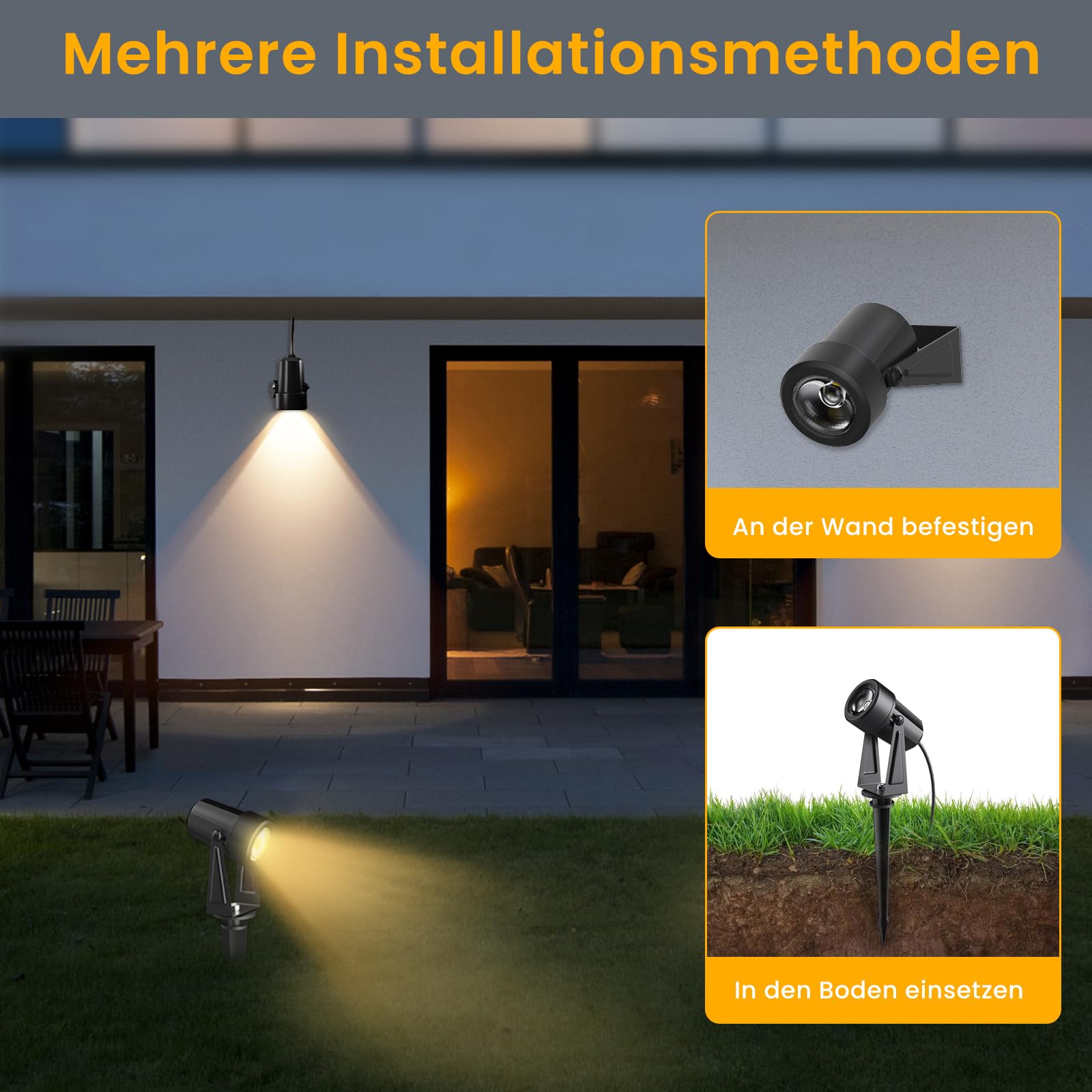 LED Gartenbeleuchtung mit Strom mit Remote,32M/105FT 10er-1 Set,2500LM 2Wx10 Gartenstrahler 27V COB IP65 Wasserdichter Strahler Warmweiß mit Erdspieß für Außen Garten Yard