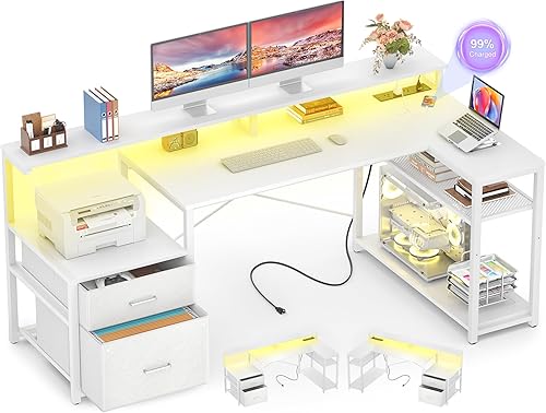 Aheaplus Escritorio en forma de L con cajón de archivos, escritorio reversible en forma de L para computadora y juegos con toma de corriente y