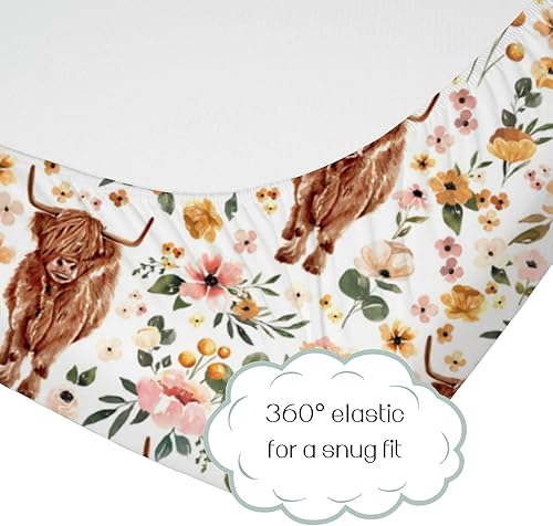 Miniatura 2 de HawSkgFub Highland Cow - Sábana bajera para cuna estándar y bohemia para bebé, funda de colchón retro de animales de granja occidental, flor de yak