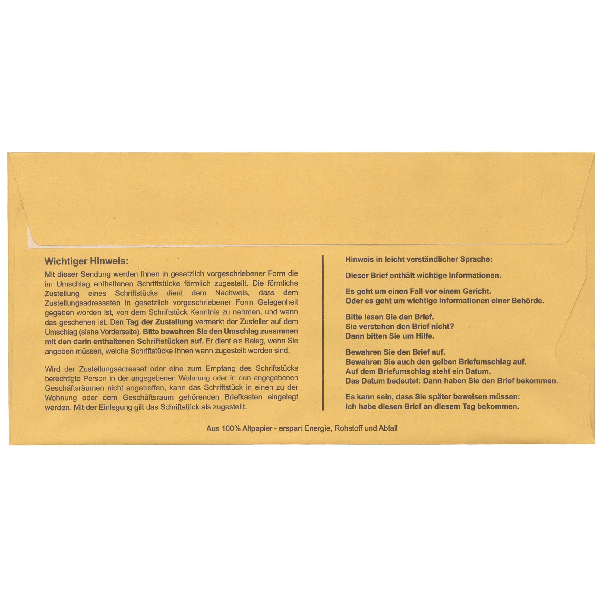 Postzustellungsumschläge DIN Lang „ Förmliche Zustellung “ - Zustellungshüllen mit Fenster (110 × 220 mm), Recycling-Gelb, haftklebend - ZPO-konform (DIN Lang, 100, Anzahl)
