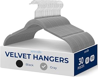 SereneLife 30-Piece Shirt Hangers, Premium Non-Slip Velvet Hangers Pack with 360° Swivel Hooks, Slim Space-Saving Design for Tops, Jackets, Blouses, & Strappy Dresses (Grey)