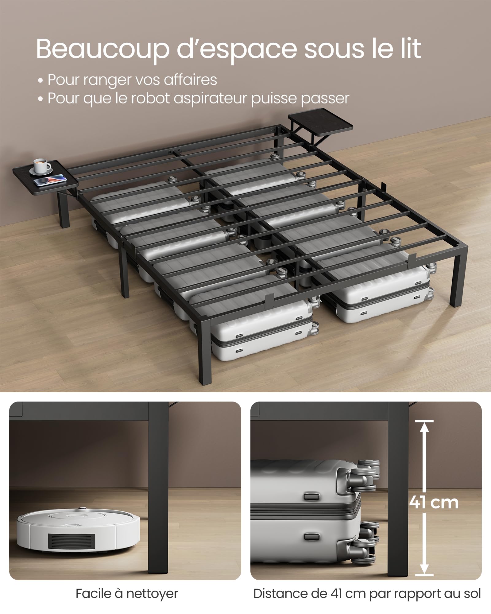 VASAGLE Cadre de Lit 160 x 200 avec Sommier Métal, Cadre en Métal avec Étagères de Rangement, Tête de Lit, pour Adolescents, Montage Facile, Noir Classique RMB095B01