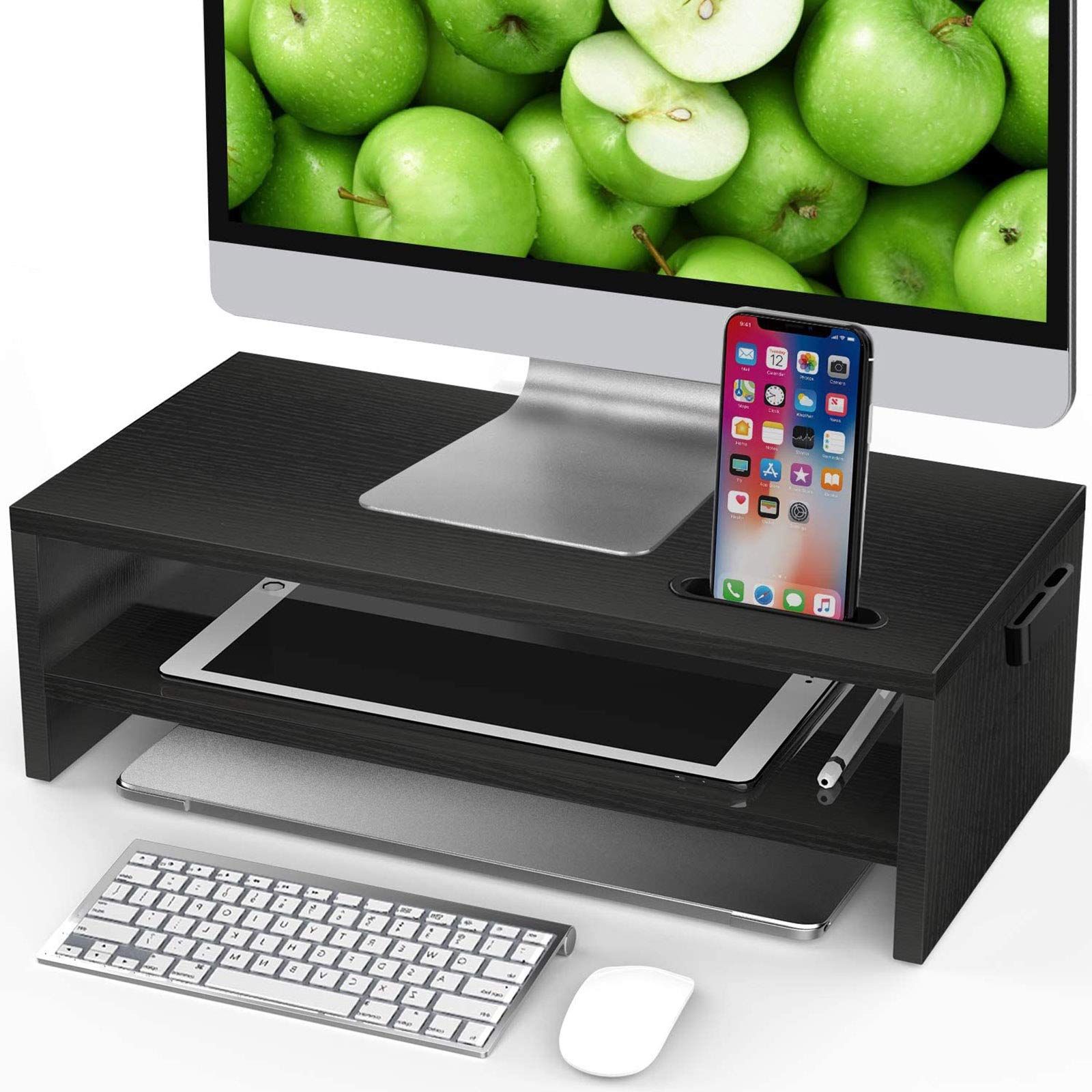 LORYERGOMonitor Stand, 2 Tier Computer Stand, Monitor Stand Riser with Cellphone Holder & Storage Space, Ergonomic Monitor Riser with Cable Management for Laptop, Printer, PC, for Home & Office