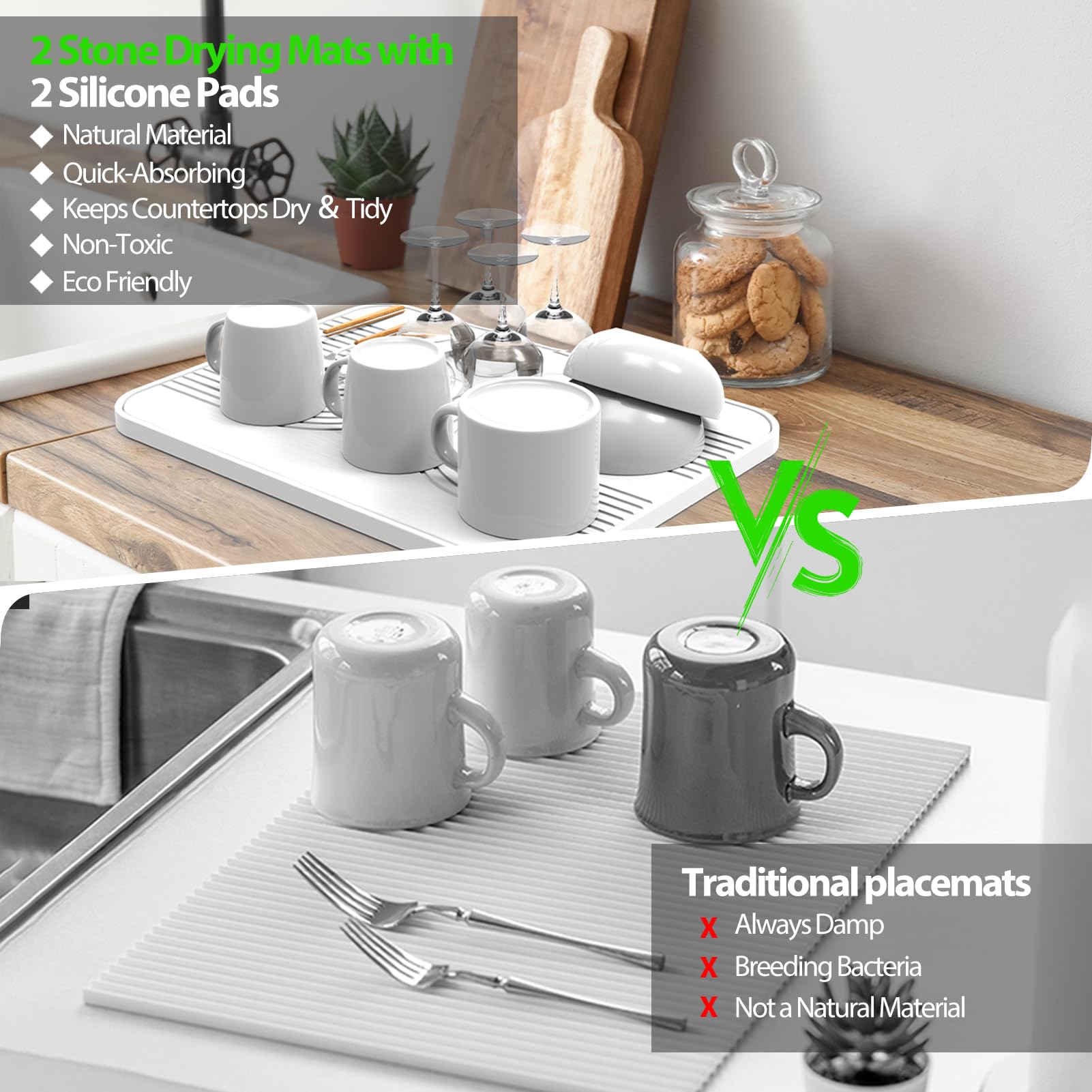 Tapis Egouttoir Vaisselle Stone, Tapis de Bain en Diatomite à Séchage Rapide, Tapis de Bain Antiderapant, 2 Tapis de Séchage Pour Vaisselle, 2 Patins Antidérapants en Silicone, Lot de 4 Blanc