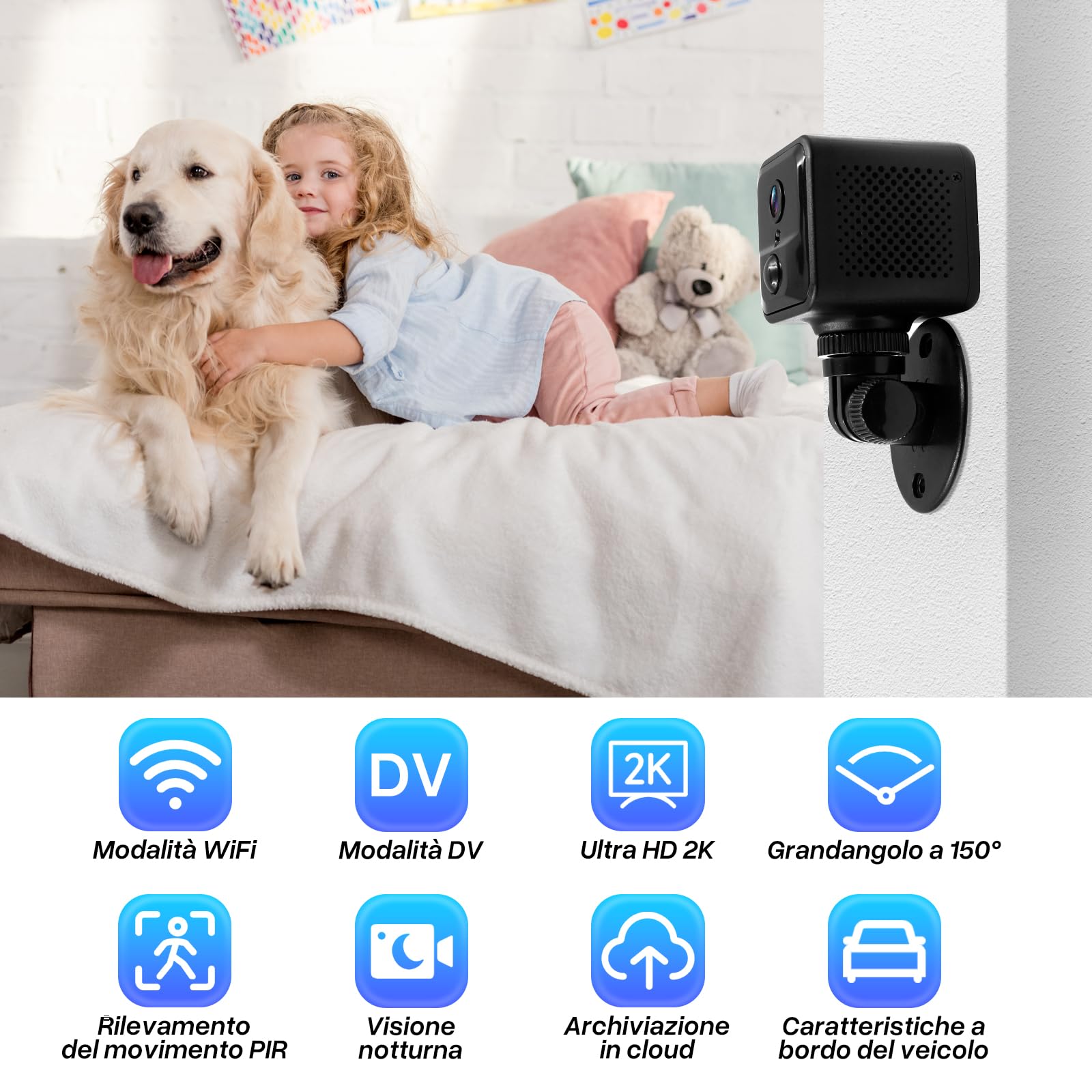 Mini Telecamera Interna Wireless 5GHz 2K HD – Cloud Gratis, Rilevamento Movimento, Visione Notturna, Registrazione Offline Su SD
