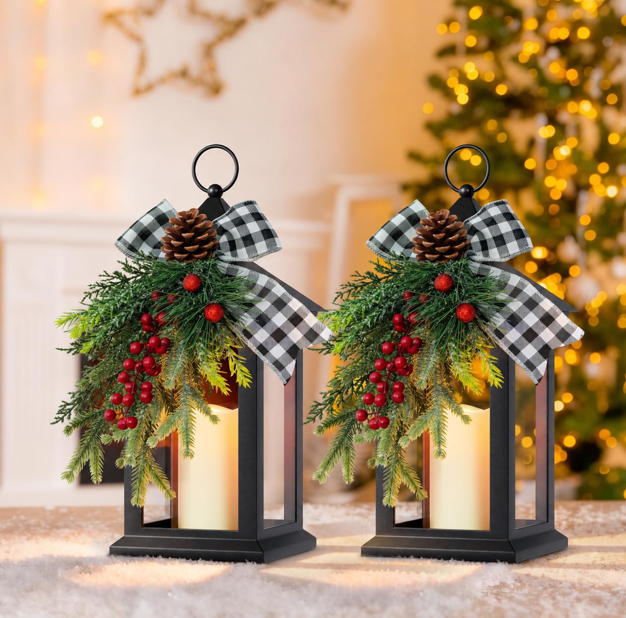 Christmas Decorative Lantern with LED Candle – Black Lantern with Pinecones, Black Bow – Battery Operated Christmas Table Centerpiece for Indoor Decor(2pack)