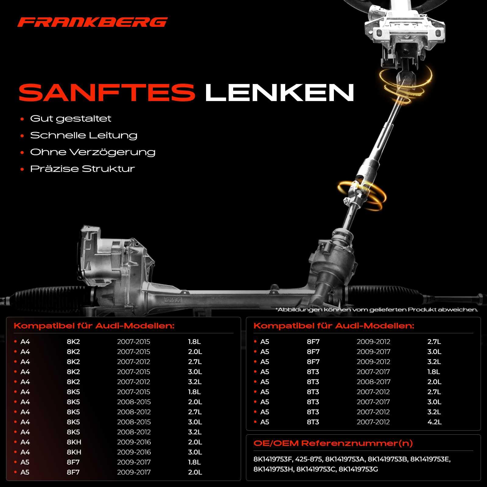 Frankberg Gelenk Lenkwelle Lenksäule Kompatibel mit A4 8K2 B8 1.8L-3.2L 2007-2015 A5 8T3 1.8L-4.2L 2007-2017 A5 Cabriolet 8F7 1.8L-3.2L 2009-2017 Replace# 8K1419753G