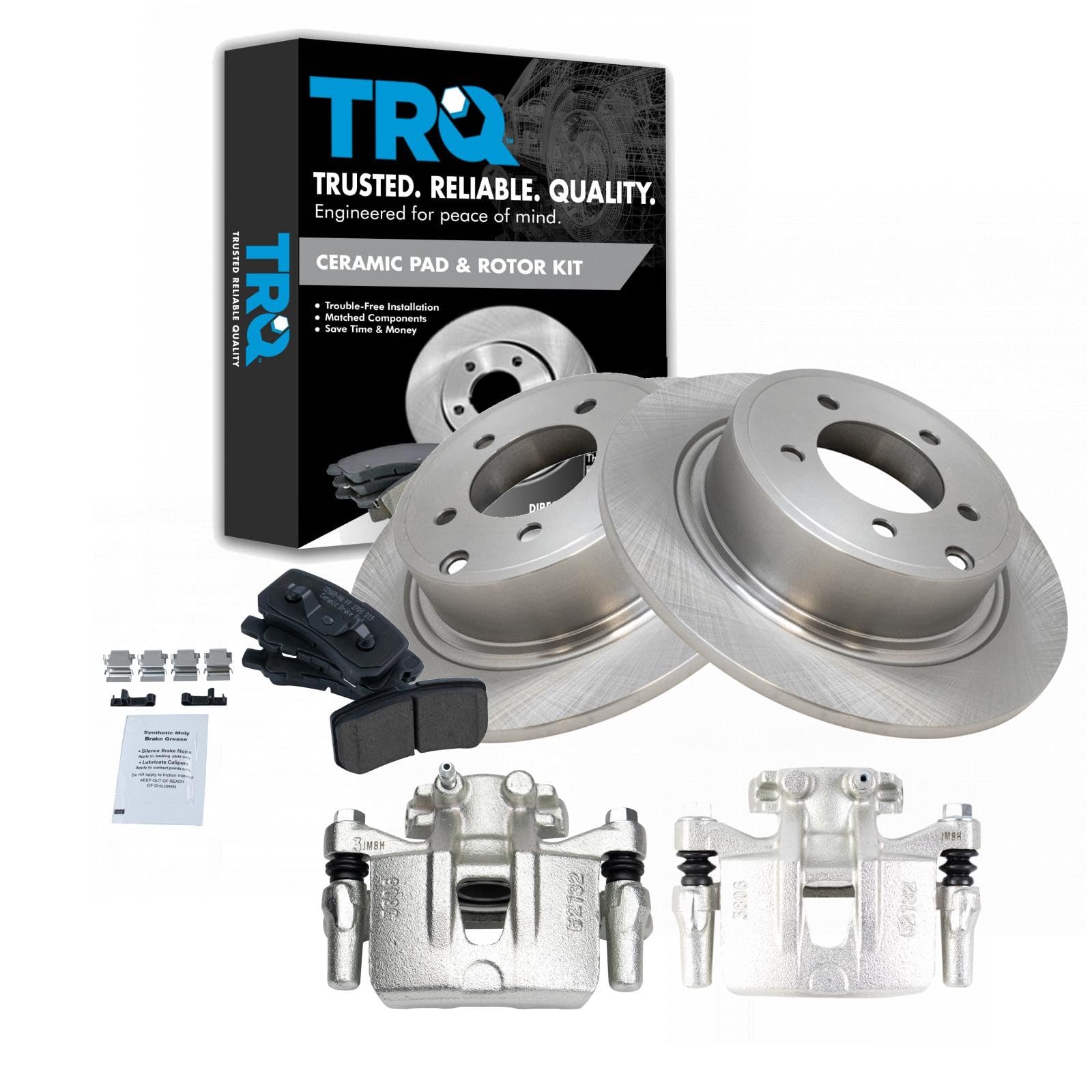 TRQ Rear Brake Pad and Rotor Set Ceramic Solid Rotors Calipers