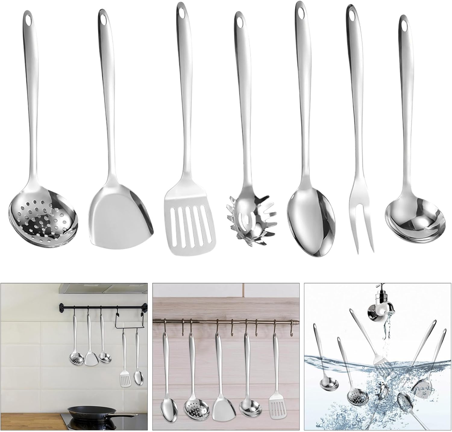 Pack Of 7 Kitchen Gadget Ladle Ergonomic Handle Cookware Stainless Steel Texture Serving Tool Set For Cooking Ergonomic Handle Cookware