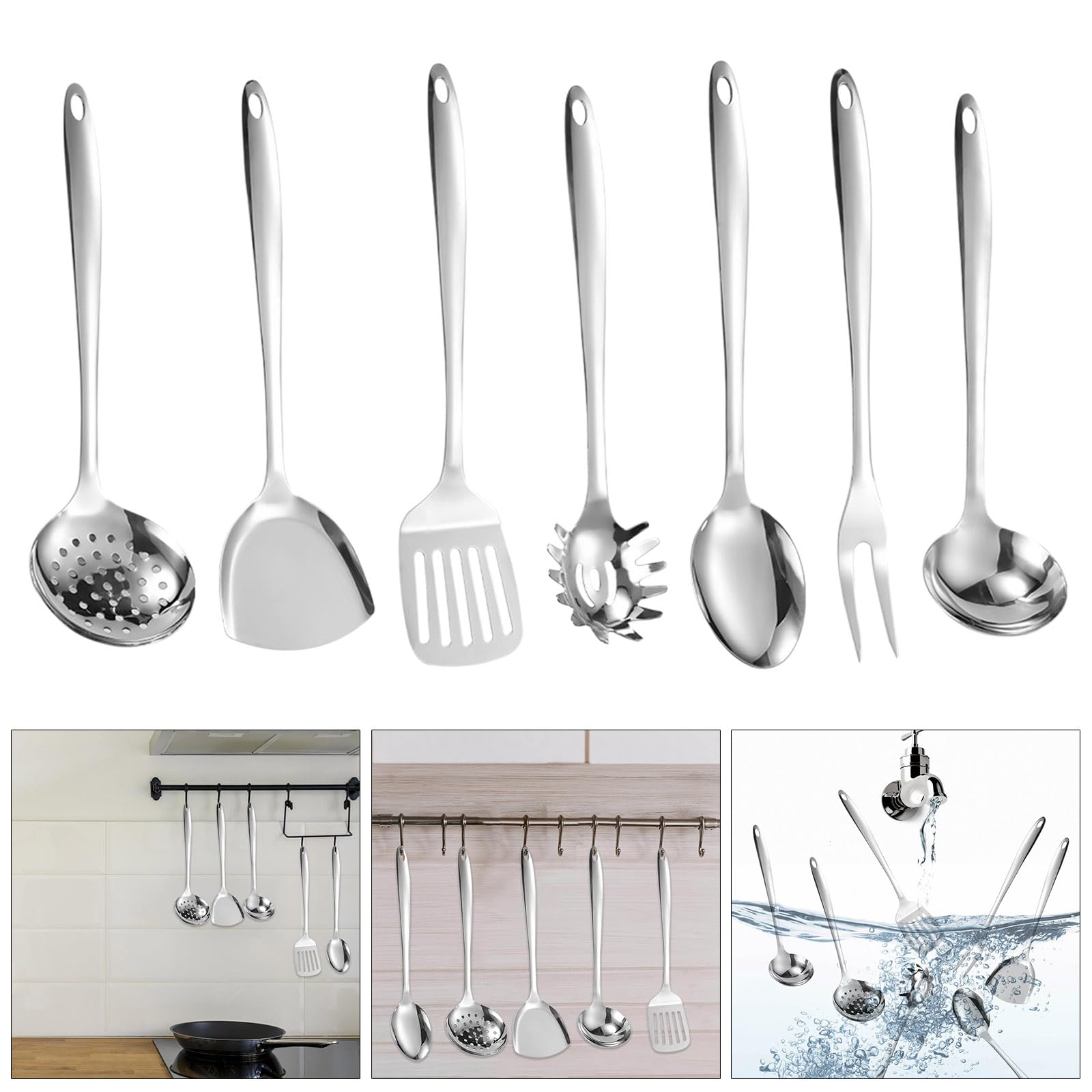 Lot de 7 ustensiles de cuisine en acier inoxydable - Outil de cuisine essentiel - Avec fente - Tuner - Cuillère de service - Ustensiles de cuisine