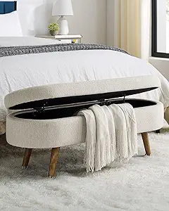 Oval Storage Bench 43.5" Linen Fabric Upholstered Entryway Bench with Solid Wood Legs Ottoman Bench Indoor Bench for Living Room/Bedroom/End of Bed/Entryway (Beige)