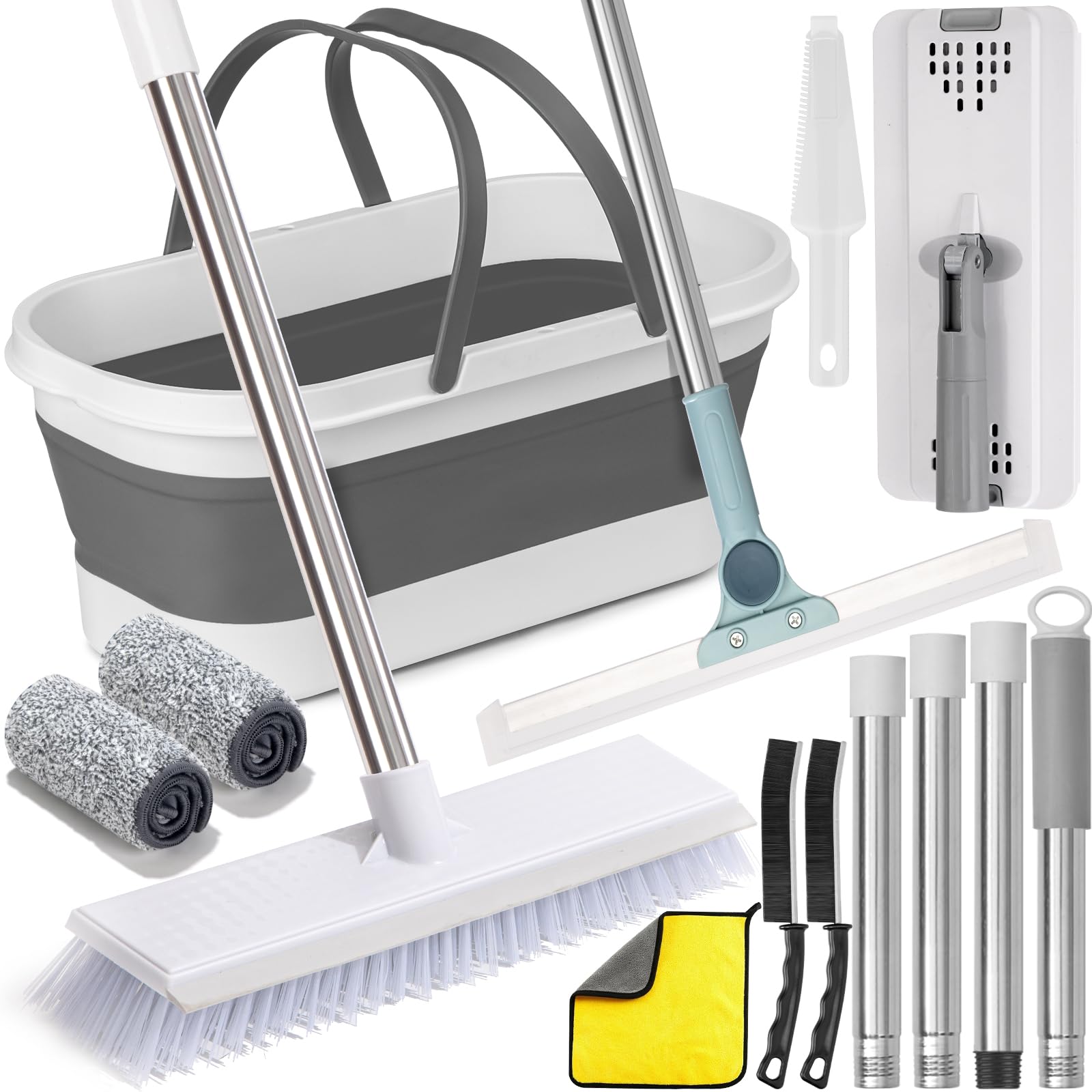 Photo 1 of [MISSING PARTS] Flat Mop and Bucket Set with Floor Squeegee, Heavy Duty Scrub Brush, 2 Washable Reusable Microfiber Pads, for Tile Hardwood, Wall Cleaning, Home Indoor or Outdoor Cleaning (White-Gray)
