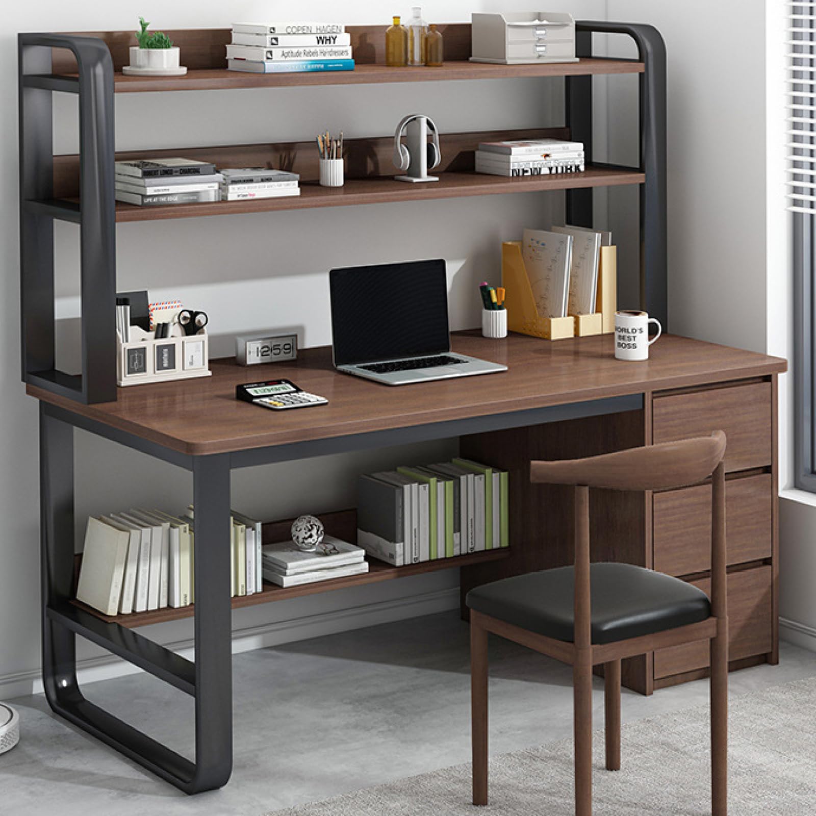 SXZenSpace Modern Writing Desk with 3 Drawers and Storage Shelves for Home Office Laptop Workstation Study Table Brown 100cm