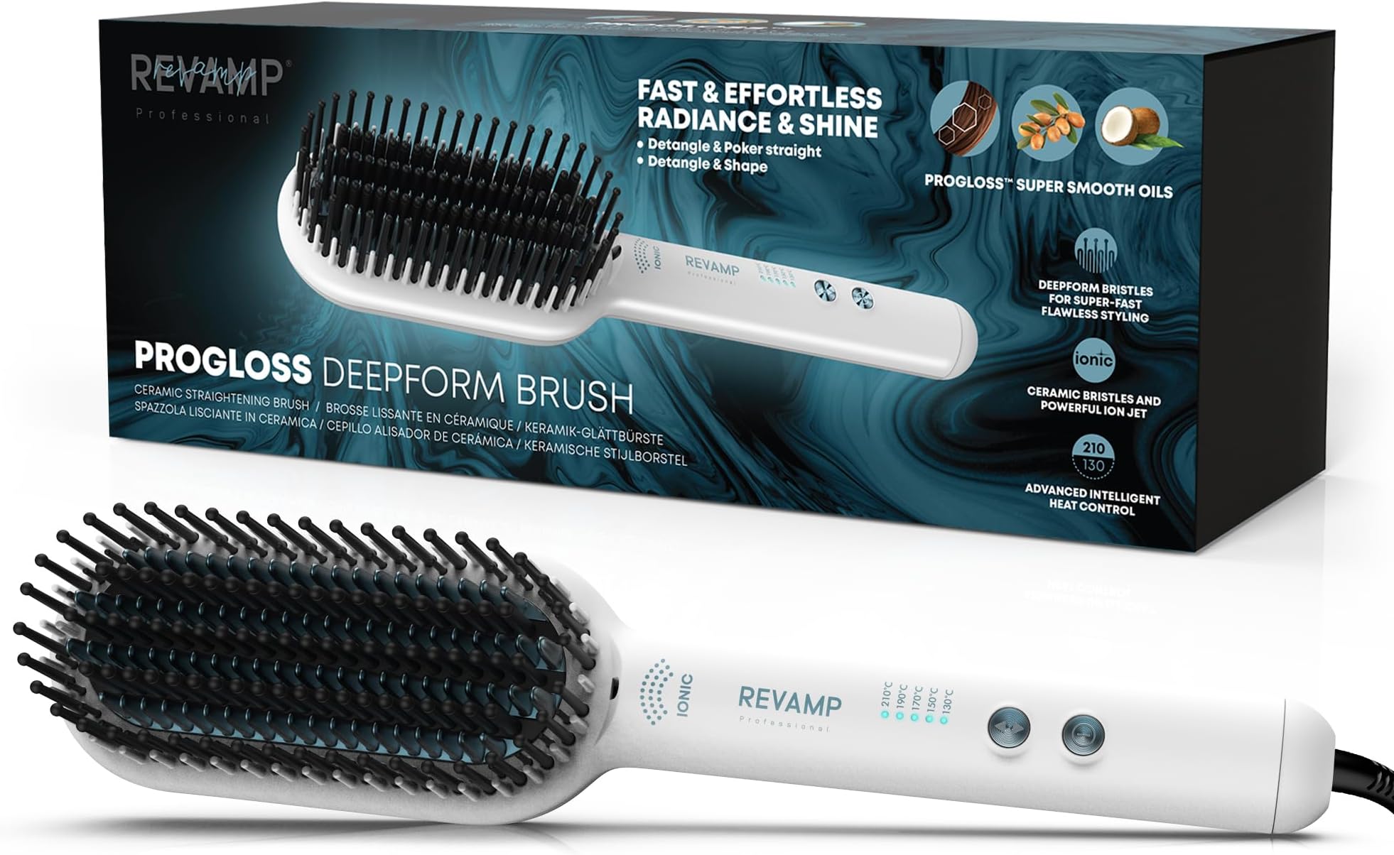 – REVAMP Deepform Ceramic Straightening Brush - Hair Straightening Paddle Hot Brush, Ionic Technology, Extra Long Heated Bristles for Frizz Free Hair, Oil Infused for Salon Professional Shine, White