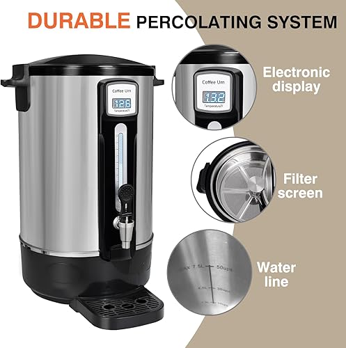 Miniatura 8 de Urna de café comercial de 50 tazas (12L, cafetera de gran capacidad de acero inoxidable para catering, eventos, oficinas y restaurantes, preparación