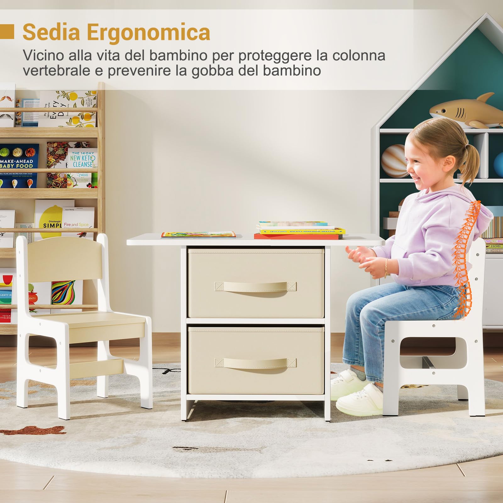RELAX4LIFE Tavolo per Bambini con 2 Sedie Ergonomiche e 2 Cassetti in Tessuto Rimovibili, Set Scrivania e Sedia per Bambini dai 3 Anni in Su per Giocare e Studiare, Carico 50 kg (Beige)