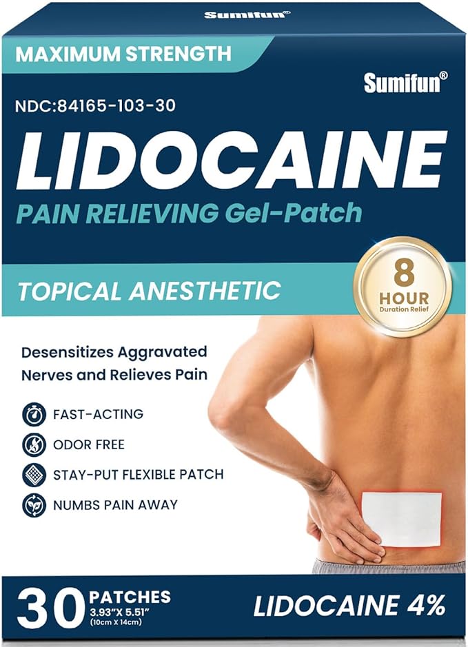 Sumifun 4% Lidocaine Patches Maximum Strength - 30 Count Pain Relief Patches for Back, Shoulder, Elbow, Knee, Muscle & Joint - Topical Analgesic Unscented