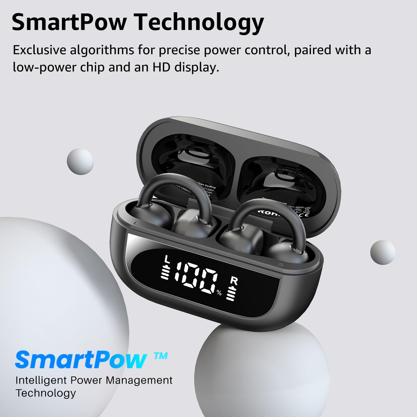 TOZO Openearring kabellose Bluetooth 5.4-Kopfhörer,personalisierbare EQs per APP,40 Std Akkulaufzeit,Typ-C und IPX5,LED-Display,ultraleichter Clip 5.1g,ideal für Büro,Anrufe und Sport,Dunkel Schwarz