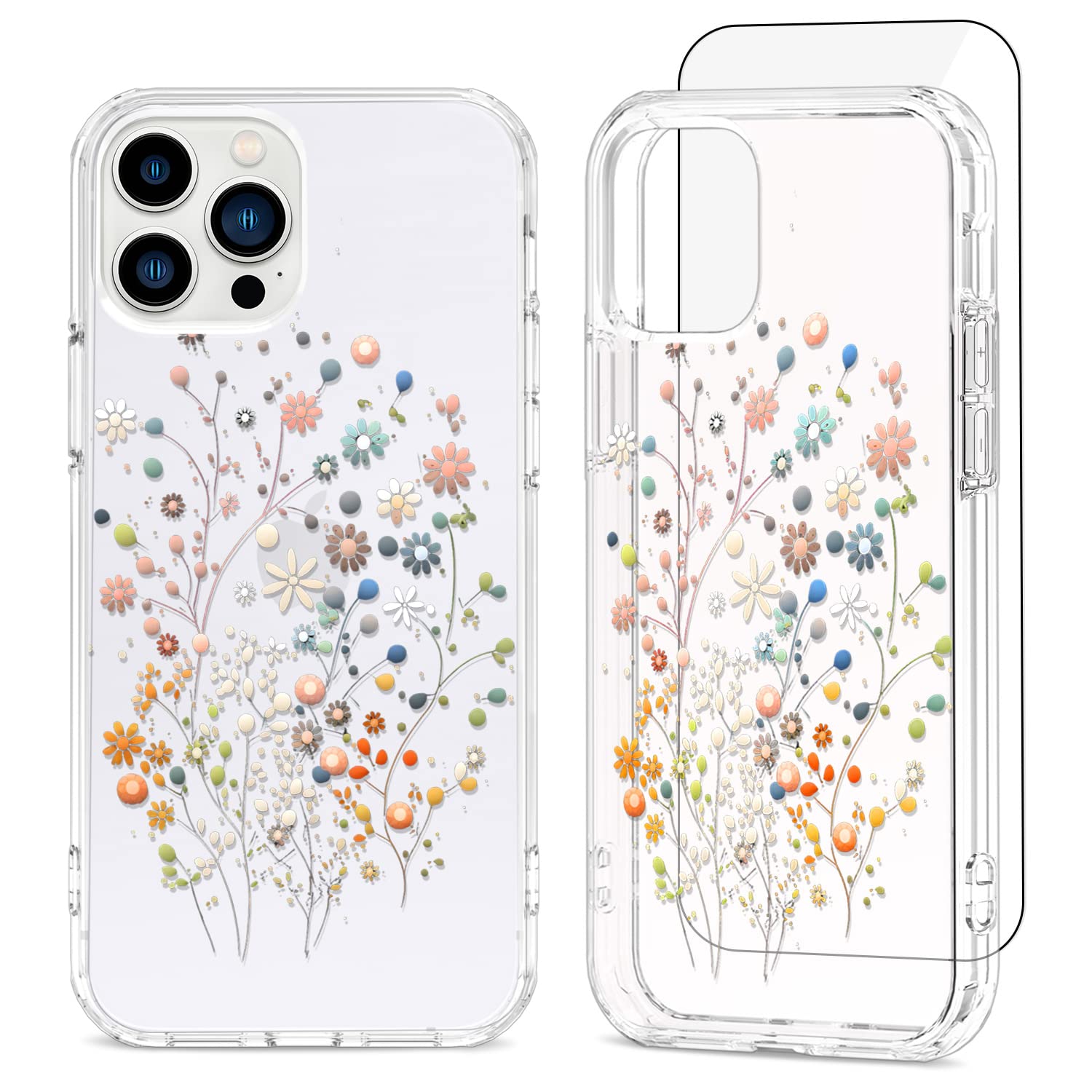 Anshow for iPhone 14 Pro Max Case Floral, [Art on Mobile Phones] with Screen Protector, Cute Phone Case Clear with Design, Slim Fit Flower Cover Case, iPhone 14 Pro Max Pattern Case