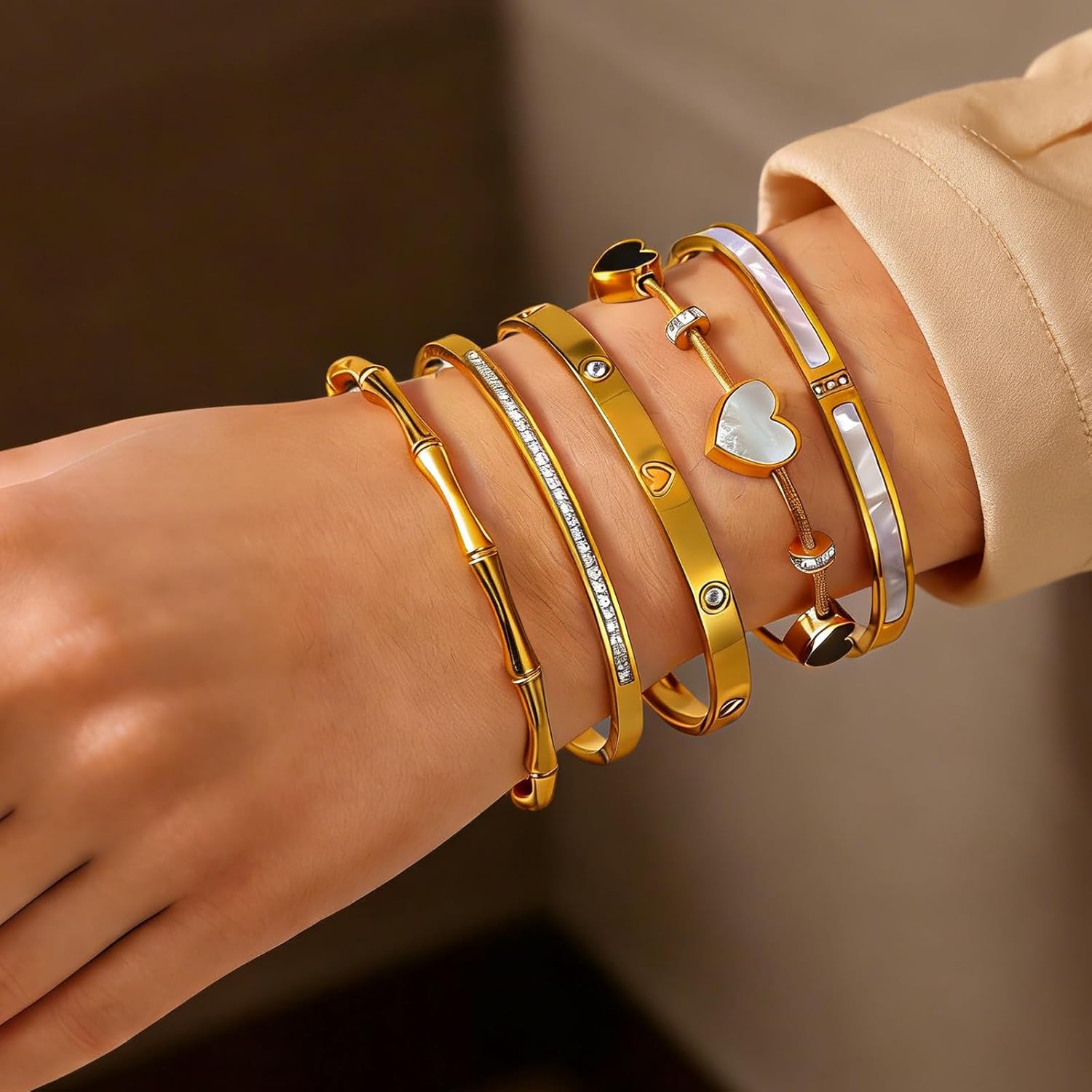 ZhiRui Women's 18K Gold Plated Stackable Bracelet Set - Waterproof Mother of Pearl Heart Cubic Zirconia Jewelry Gifts for Women - Image 2