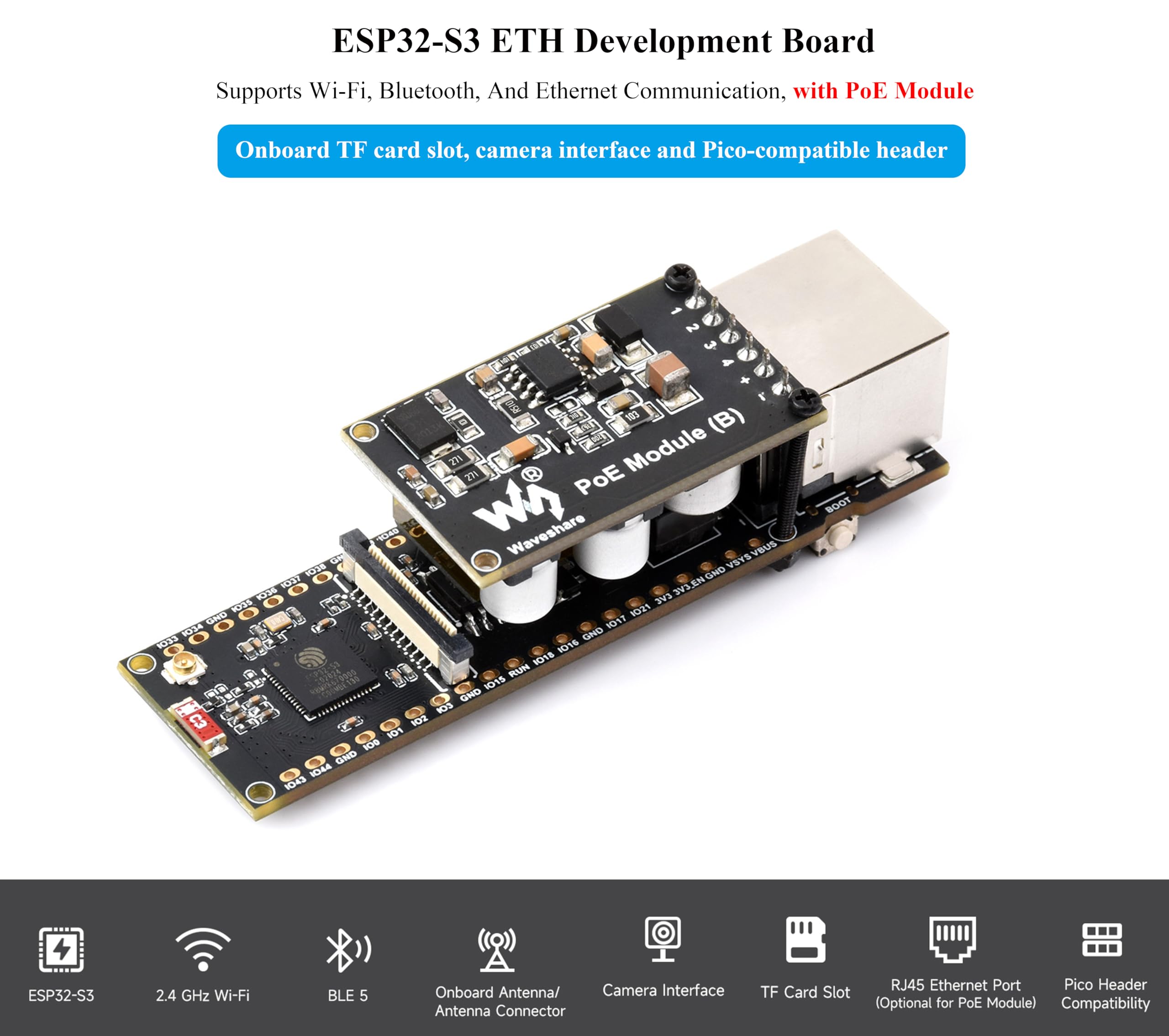 Scheda di sviluppo ETH Waveshare ESP32-S3, porta Ethernet RJ45 10/100