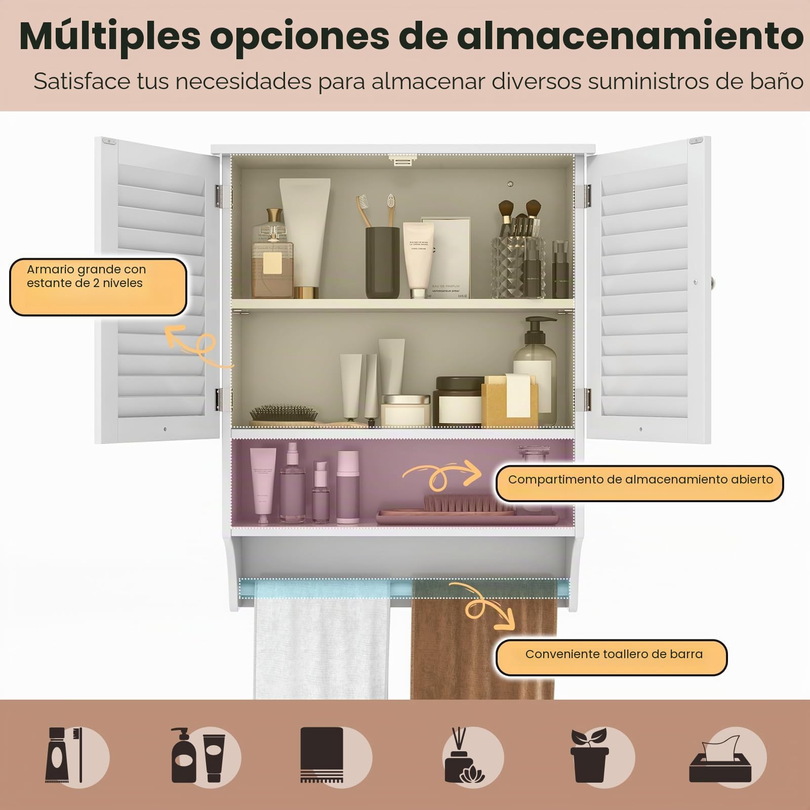 GIANTEX Armario de Pared para Baño, Armario Colgante de Madera con 2 Puertas Persianas, 3 Estantes y 1 Toallero, 60 x 22 x 75 cm, Mueble de Almacenamiento para Baño, Comedor, Entrada (Blanco)