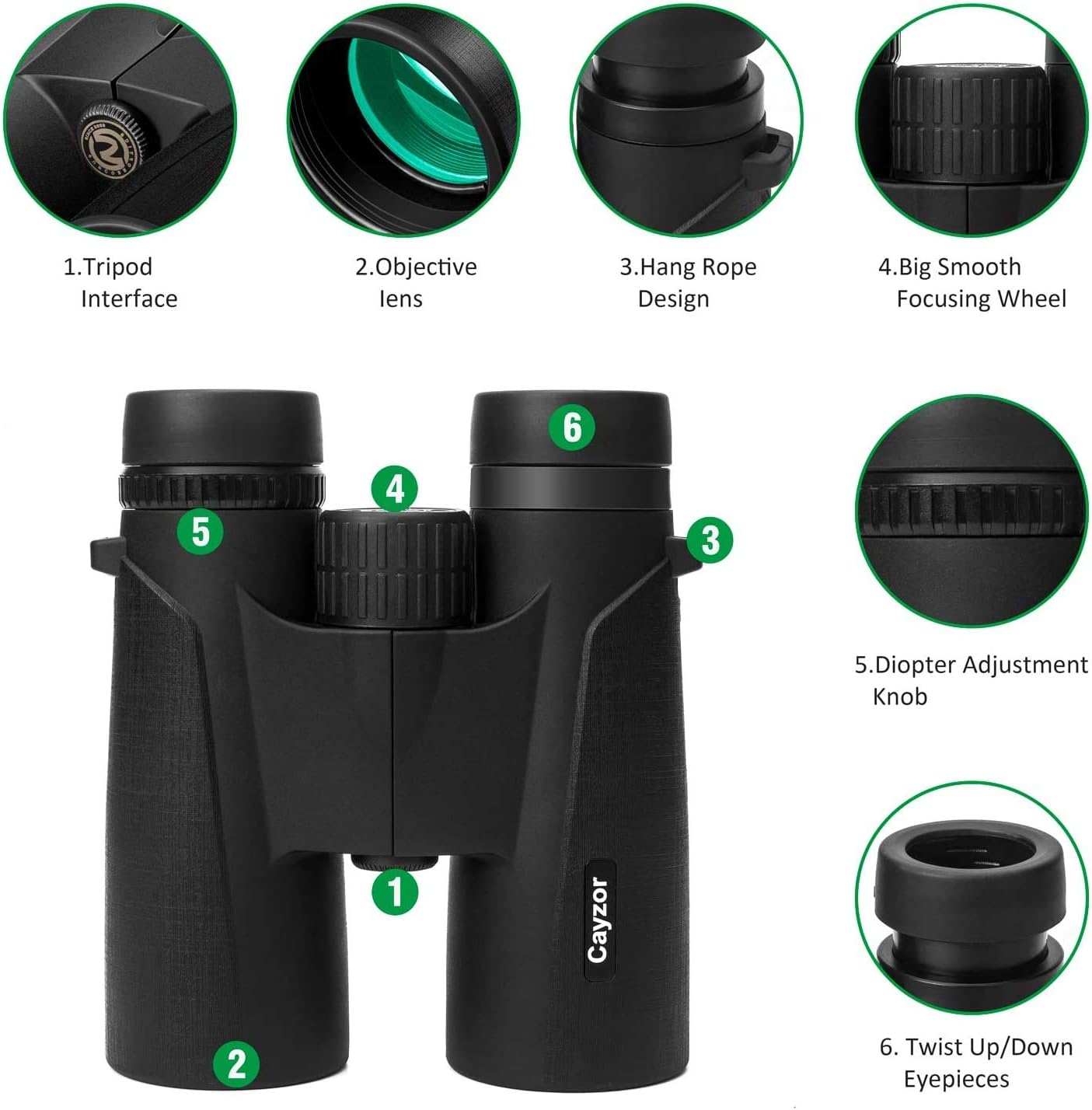 Cayzor 12x42 Binoculars for Adults Compact Clear HD Weak Light Vision Bird Watching - Professional for Travel Stargazing Hunting Concerts Sports - BAK4 Prism FMC Lens Strap Carrying Bag