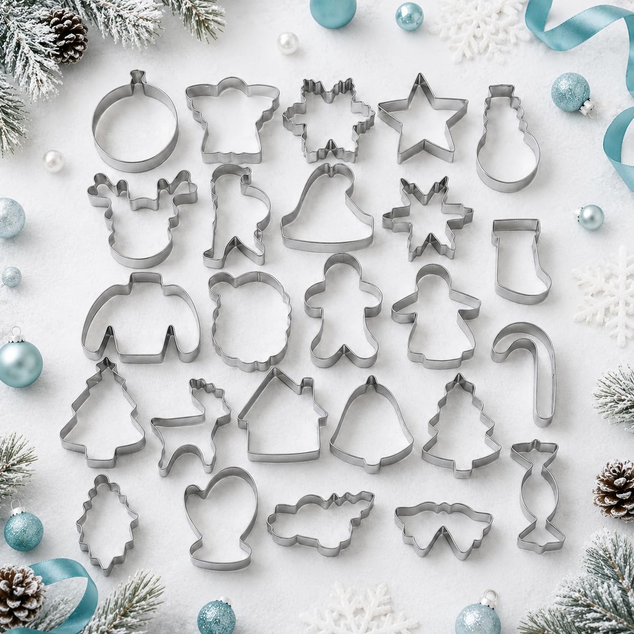 Juego de 25 cortadores de galletas de Navidad de acero inoxidable para Navidad, muñeco de nieve, hombre de jengibre, copo de nieve, árbol de Navidad, cerveza y más formas para hornear Navidad