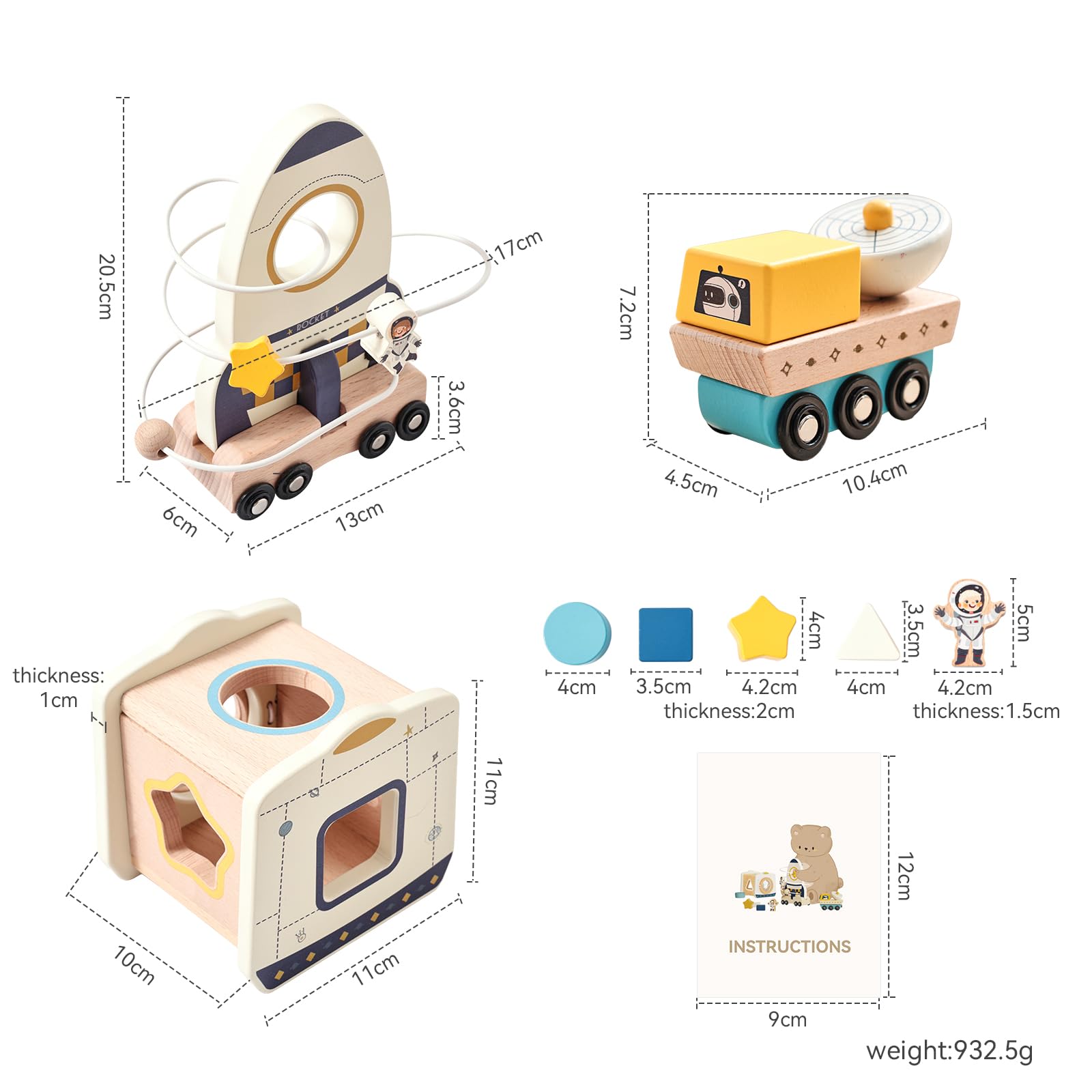 OESSUF Cubo de habilidades motoras para bebé, juguete de madera para el espacio exterior, vehículo magnético, juego de 3 piezas, juguetes Montessori para niños a partir de 1 año, juguetes educativos