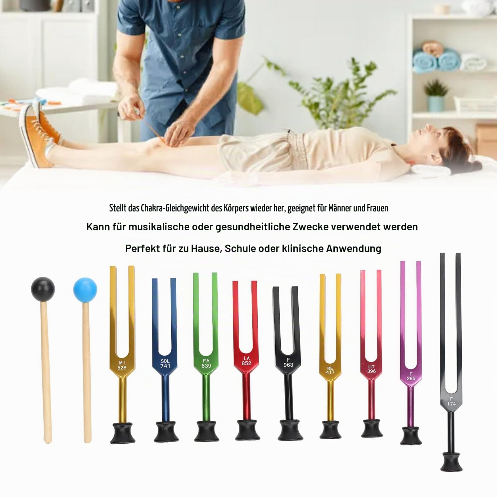 Stimmgabel Set 174Hz963Hz, 9 Farben, für Yoga Meditation & Tiefenentspannung, inkl. Hammer & Aufbewahrungstasche, nicht medizinisches Gerät