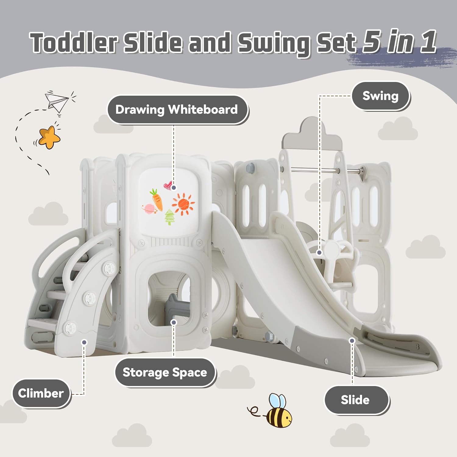 5 in 1 T oddler Slide and Swing Set, Playground Climber Slide Playset with Drawing Whiteboard, Freestanding Combination for Babies