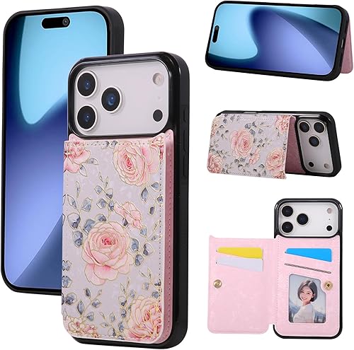 Miniatura 170 de UEEBAI Funda tipo cartera para iPhone 15 Pro Max con tarjetero, cubierta de cuero PU con soporte, bloqueo RFID, doble cierre magnético, relieve de