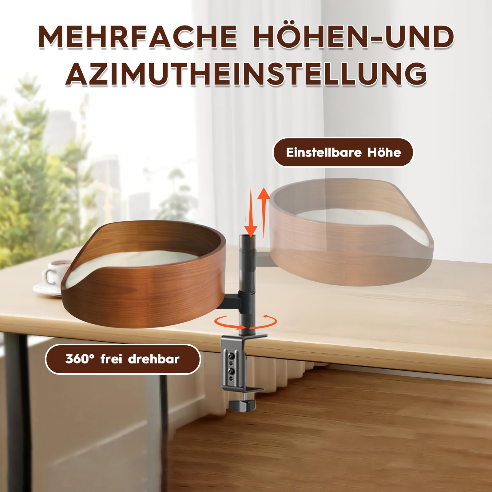 Katzenbett für Schreibtisch mit Haustiermatte,Höhenverstellbares Katzenbett,360° Drehbarer, unterstützt bis zu 35lb,Einklemmschutz und platzsparend, katzenbetten für Tische und Fenstersims