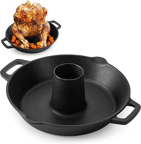 Onlyfire - Asador universal de hierro fundido para pollo, asador de aves de corral pre-sazonado, soporte para cerveza y pavo con bandeja para asar