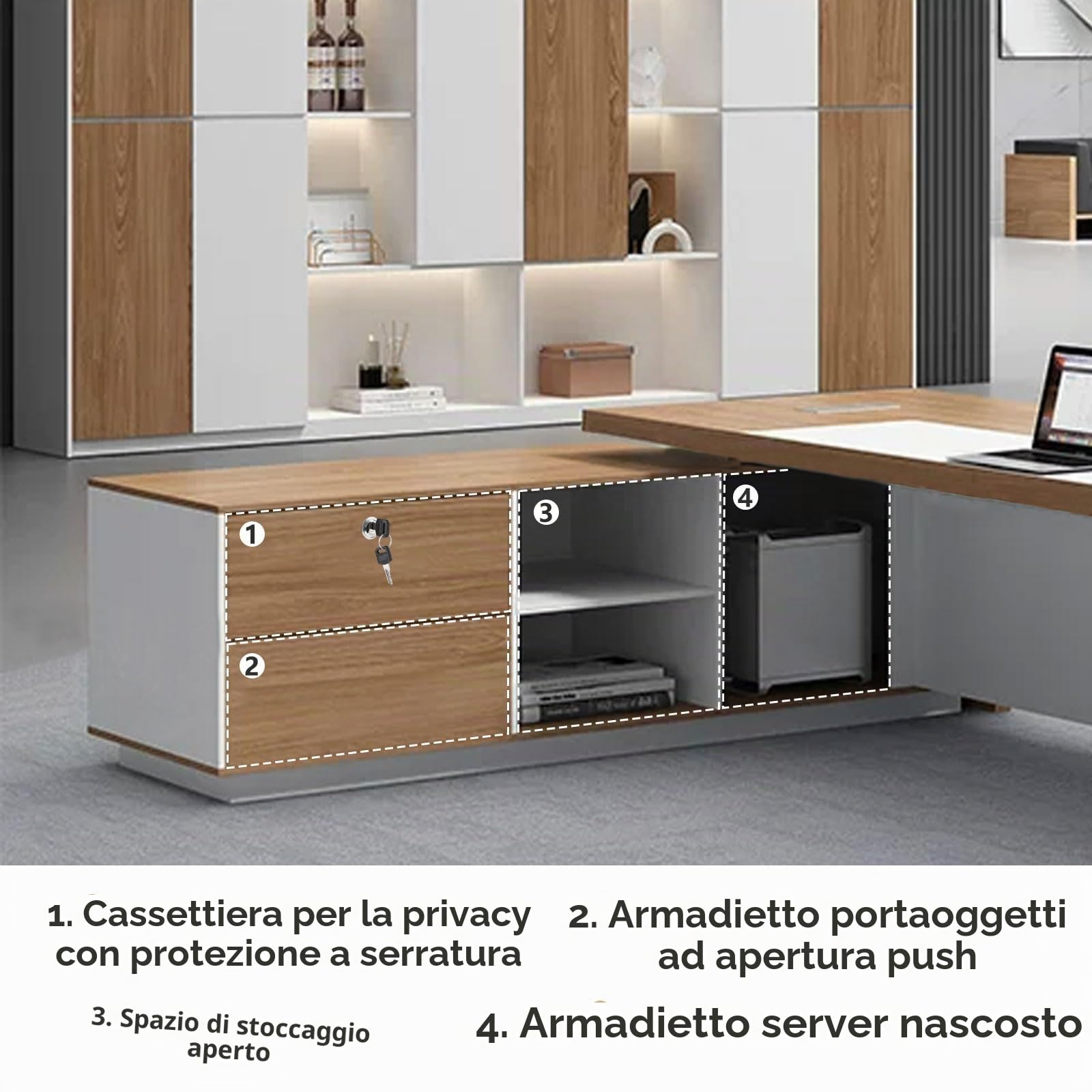 Scrivania Moderna con Spazio di Archiviazione, Scrivania Ufficio a Forma di L, Grande Tavolo da Lavoro per Ufficio, Banco Reception, Postazione di Lavoro