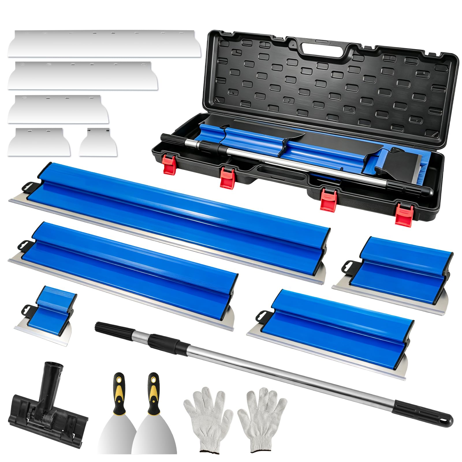 5-Teilig Flächenspachtel Set,15 25 40 60 80cm Spachtelklingen | Ergonomischem Griff und ein Ersatzmessersatz,Teleskopstange zum Verputzen von Wänden und Decken für große Arbeitsbereich